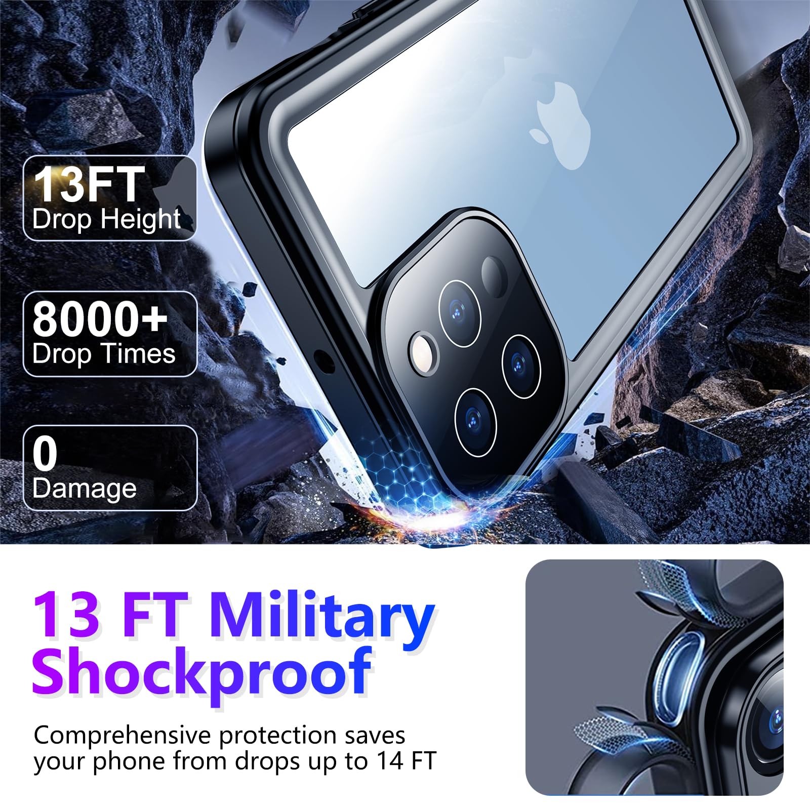 Temdan Compatible with iPhone 13 Pro Max Case Waterproof Built-in Screen & Camera Protector IP68 Underwater Full Body Military Dropproof Shockproof Phone Case 6.1" — Amazon image 3