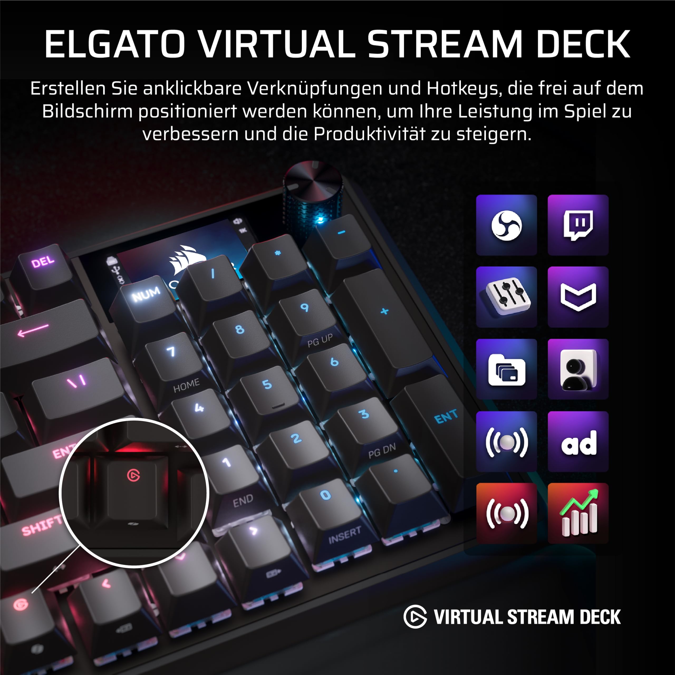 Corsair Vanguard 96 Kabelgebundene Mechanische Gaming-Tastatur – Schwarz | QWERTZ DE, 96% Layout, MLX Plasma-Linearschalter, 8000Hz-Polling, LCD-Display, Virtual Stream Deck, G-Tasten, SOCD Flashtap