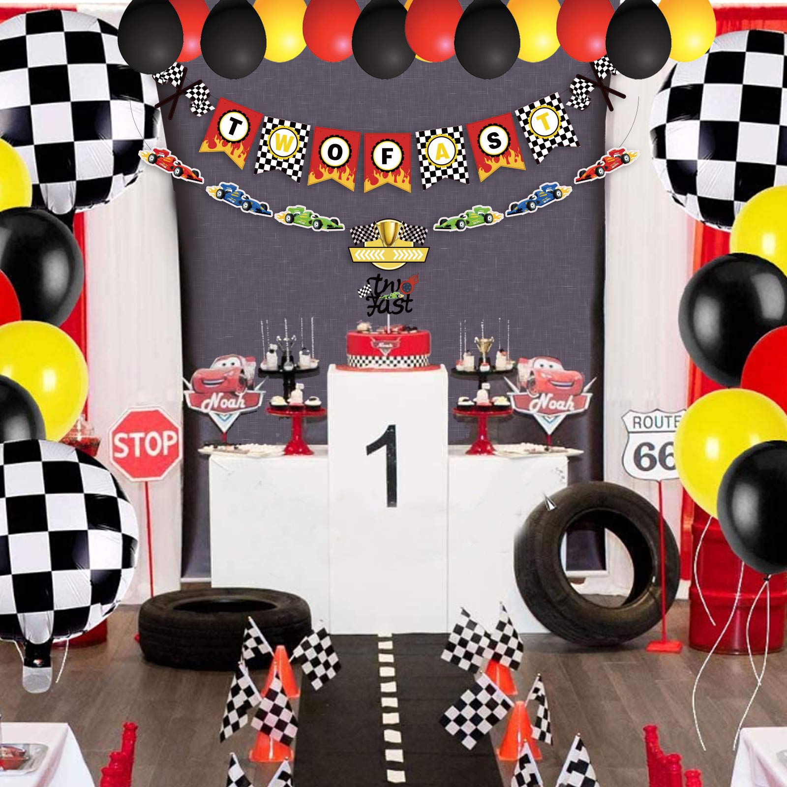 Two Fast Cake Topper - Racing Car & Checkered Flag Glitter Decor For 2nd Birthday Party (Black Glitter)