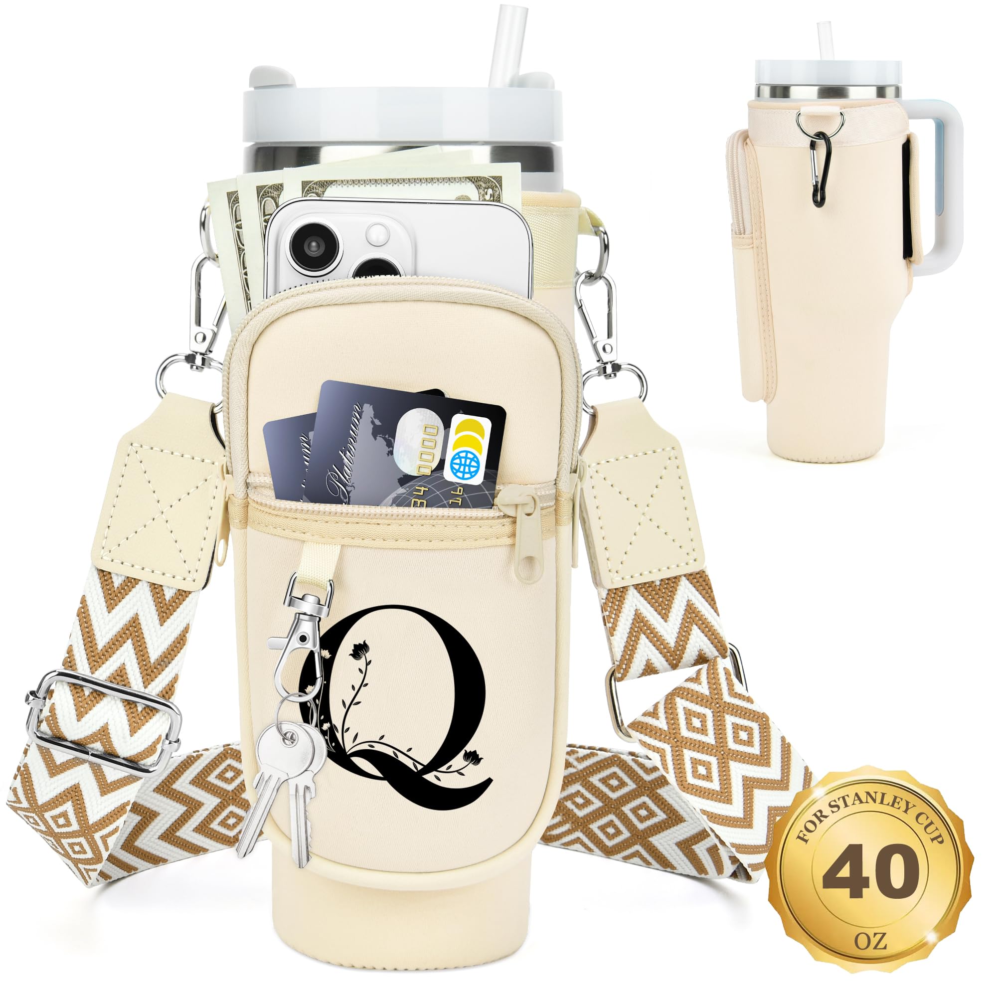 Initial Water Bottle Holder with Strap for Stanley Cup 40 oz Tumbler