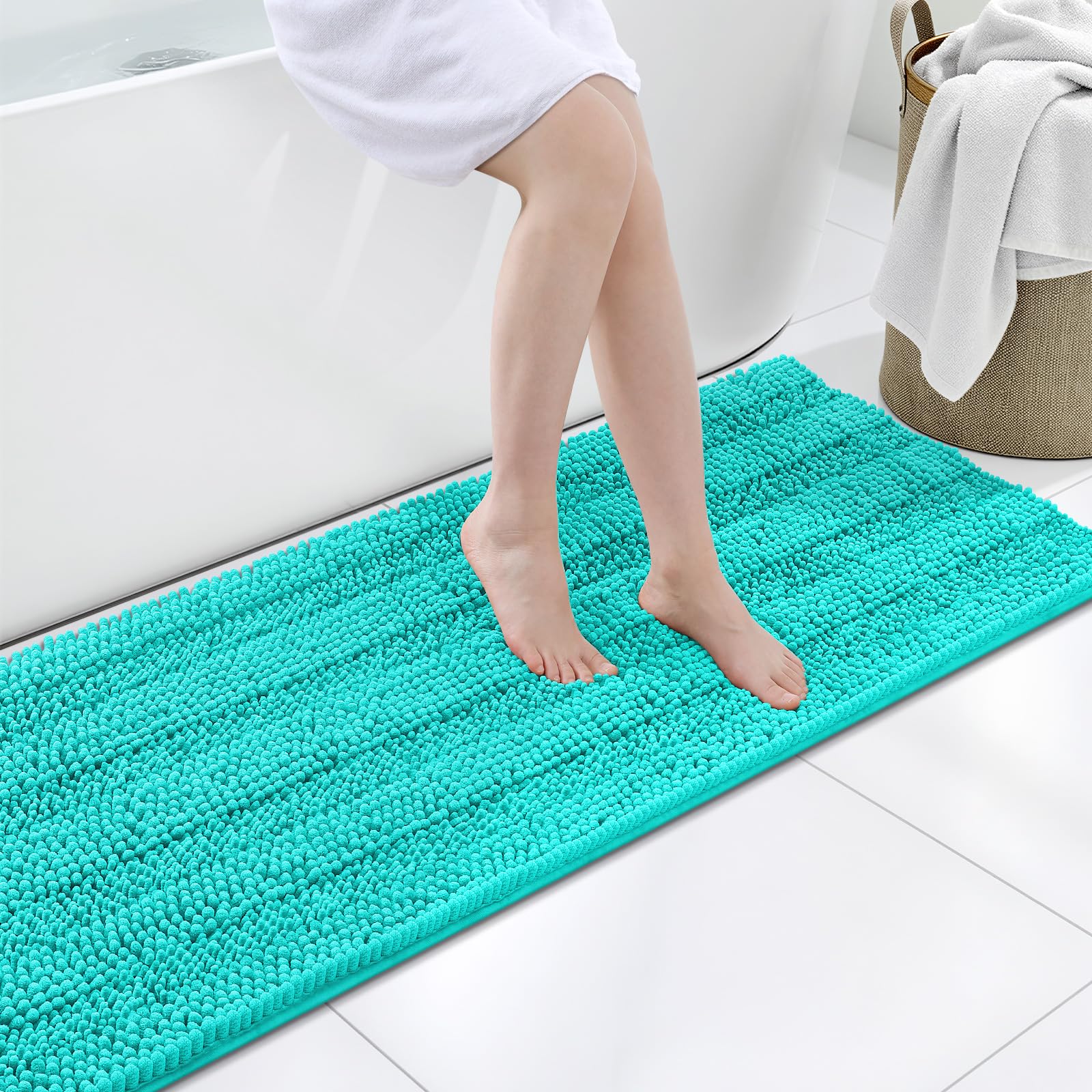 Grandaily Chenille Bathroom Rugs 47x20, Soft Absorbent Bath Mats, Turquoise