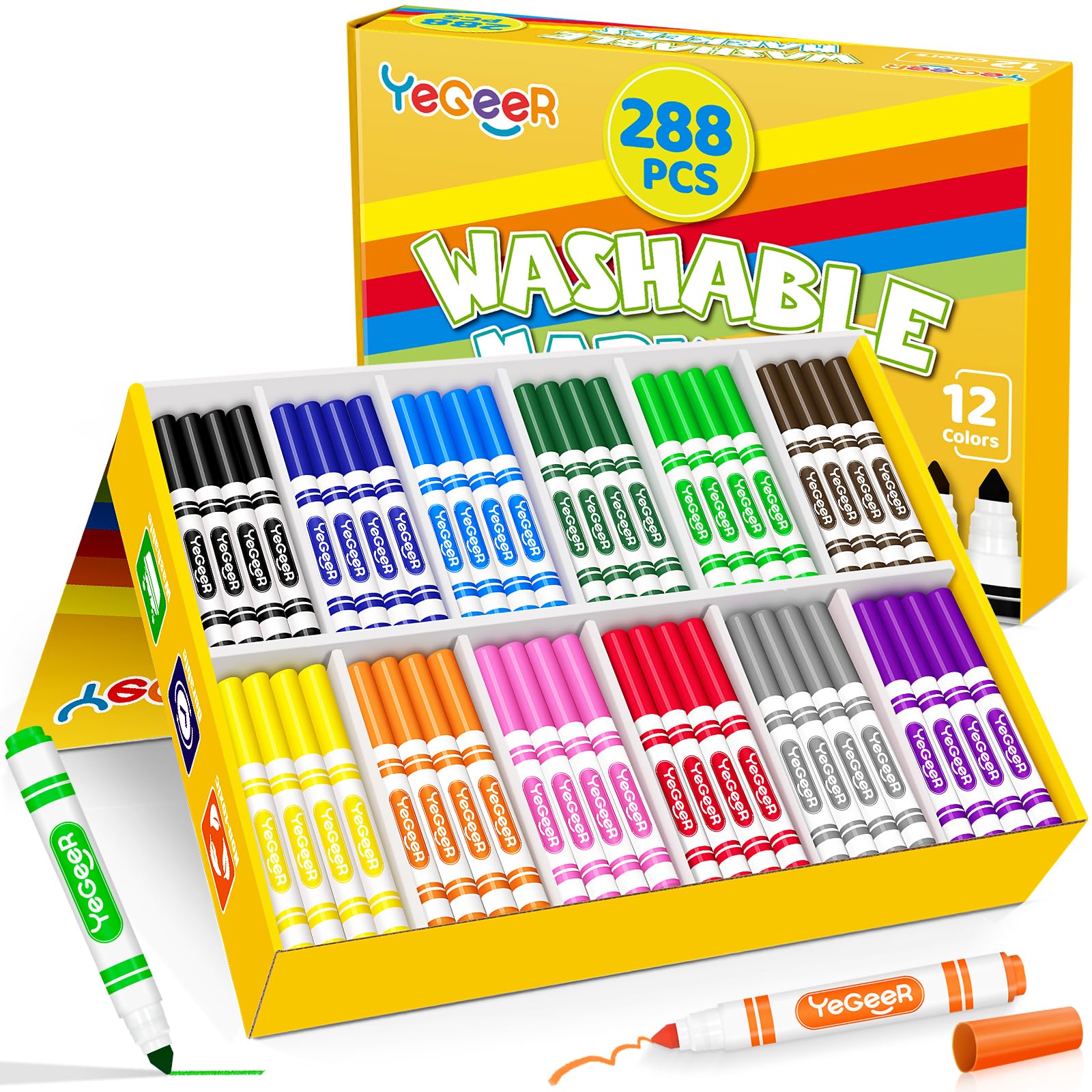 YEGEER 288 Count Washable Markers Bulk – 12 Assorted Colors, Broad Tip Markers for Kids, School and Teacher Classroom Supplies, Perfect for Art and Coloring.(288)