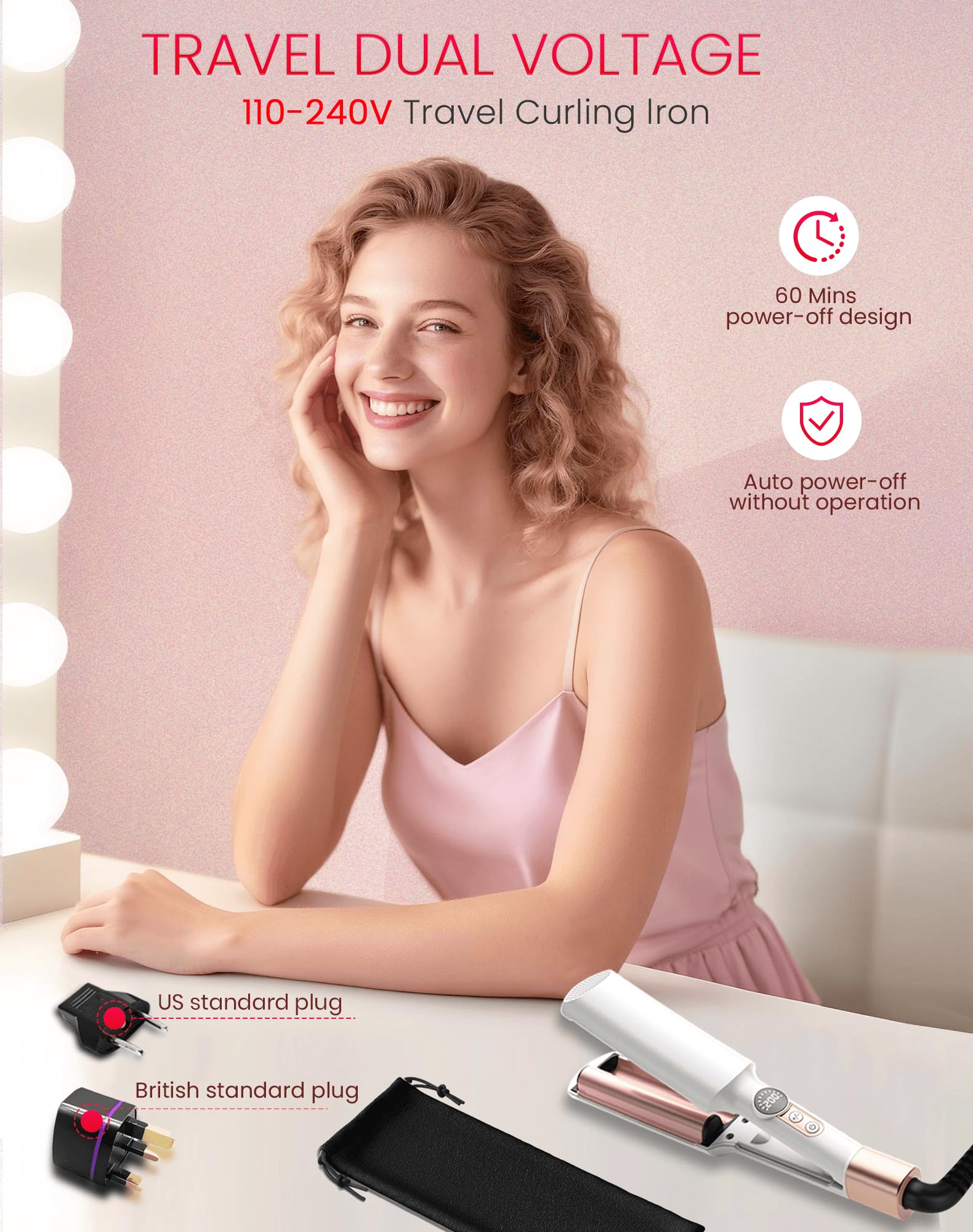 UKLISS Plancha Ondulada Pro Mini Para El Cabello Con 2 Adaptadores de Viaje, Pantalla LCD [120-210℃], Rizador de Ondas de Playa, Rizador de Pelo de Sirena Para Ondulaciones de Pelo, Rizador de Ondas