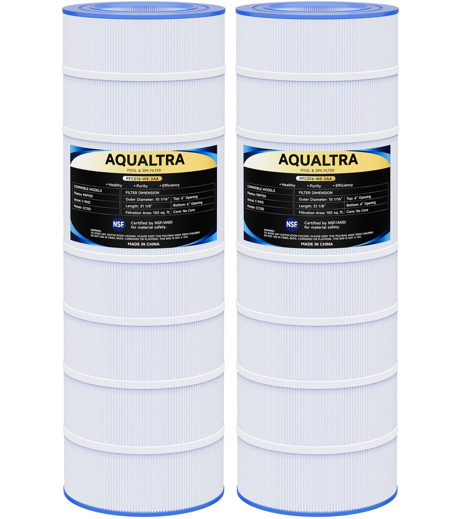 aqualtra pool filter compatible with cc150, pap150, ccrp150, pap150-4, ultral-c4, pp-c4, c-9415, r173216, fc-0687, 150 sq. ft. 31 1/8" x10 1/16" 2 pack