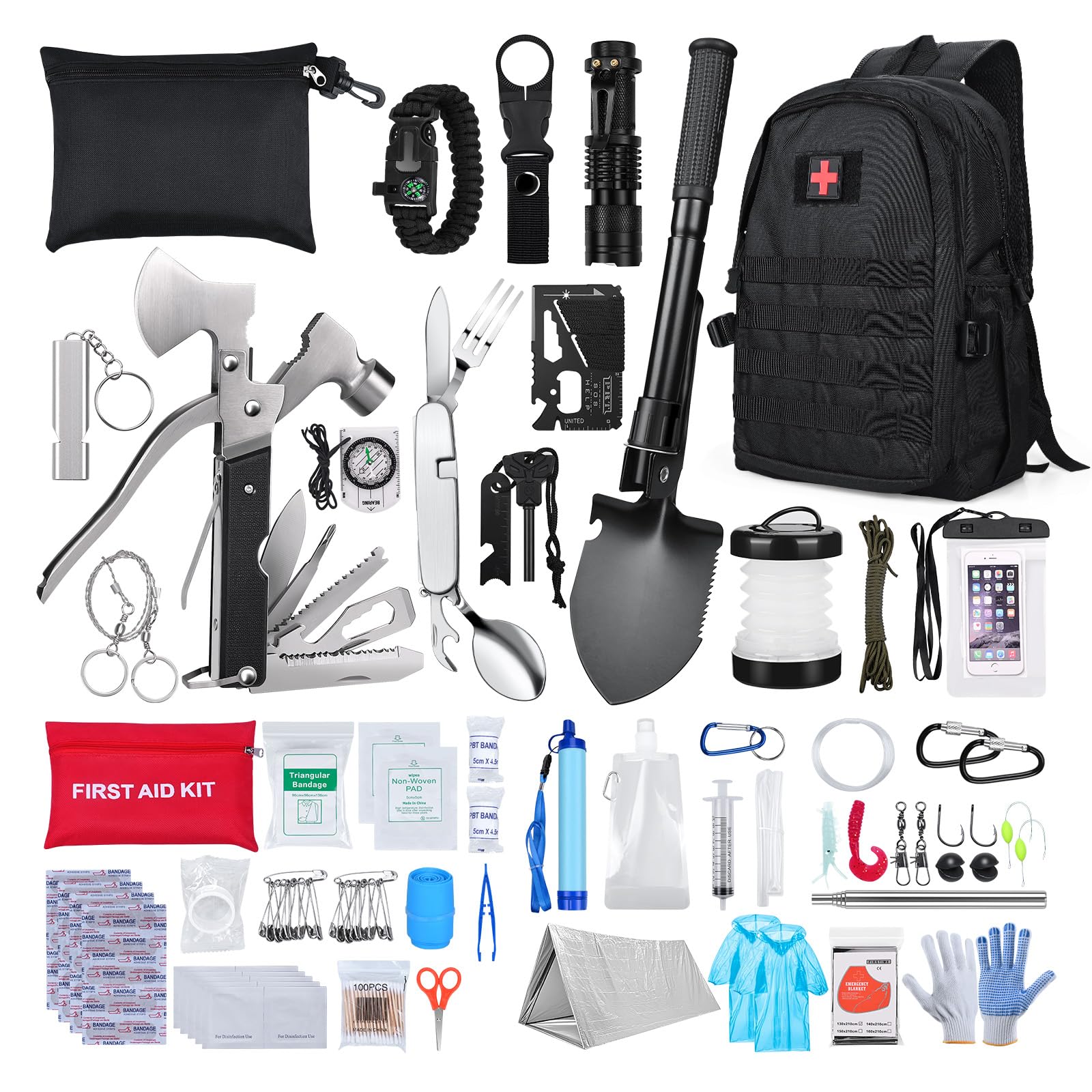 Kit di Sopravvivenza Tutto-in-Uno – Attrezzatura d'Emergenza con Kit di Pronto Soccorso di MMOBIEL – Survival Set con Filtro l'Acqua, Bussola etc. per Campeggio, Escursioni, Avventura - Regalo Uomo