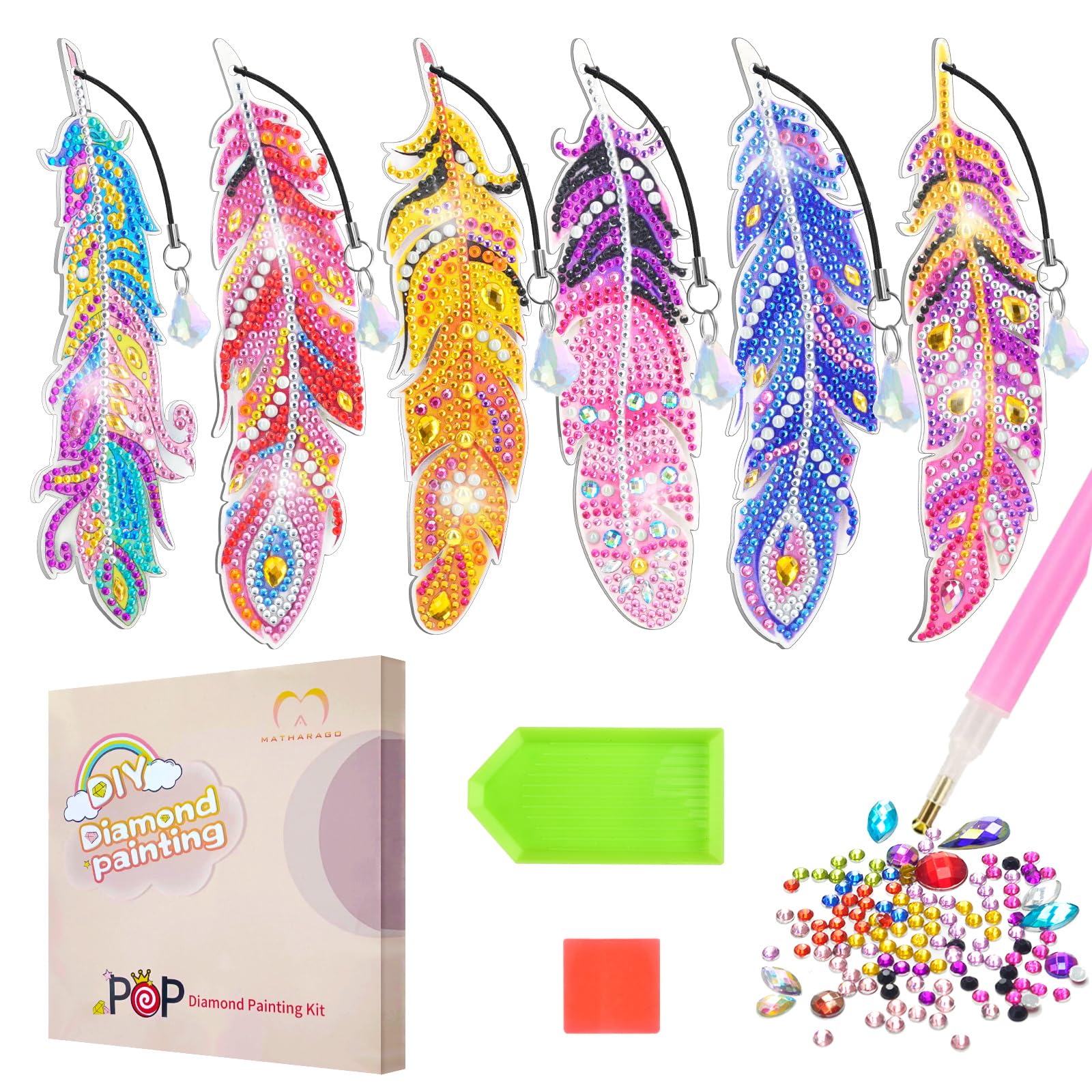 MATHARAGO 6 Pcs Diamond Painting Kits for Kids, Feather Diamond Art Kits, Diamond Painting Bookmarks with Crystal Pendant, DIY Crystal Diamond Art for Kids, Enfants, Girls and Women(YQ088)