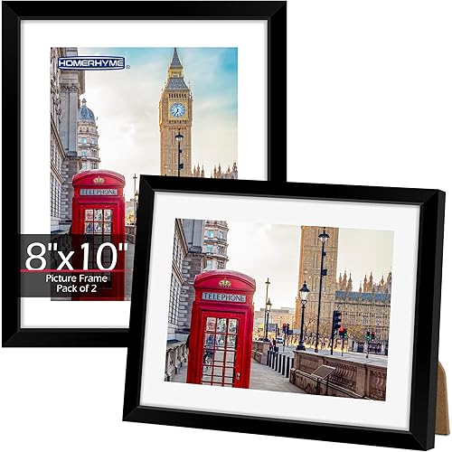 HOMERHYME 8x10 Picture Frame, Set of 2 Black Photo Frame for Tabletop or Wall Display, Fits Pictures 5x7 with Mat or 8x10 Without Mat, Poster Frame Collage with HD Plexiglass for Gallery Wall Home Decor