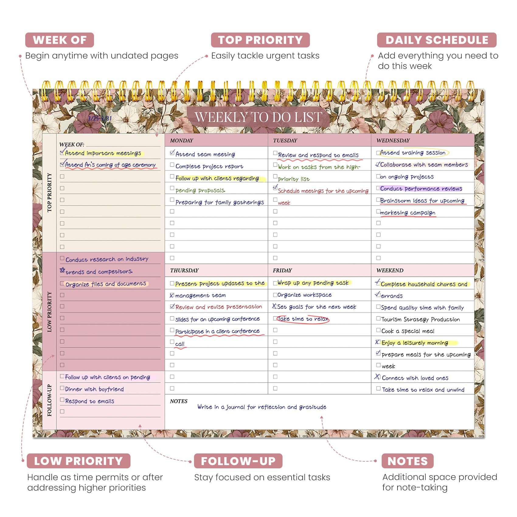 Wochenplaner mit 52 undatierten Blättern (21,6 x 27,9 cm), undatierter Wochenplaner, Notizblock für Büro-Schreibtischzubehör und Zubehör, Mauve Muse