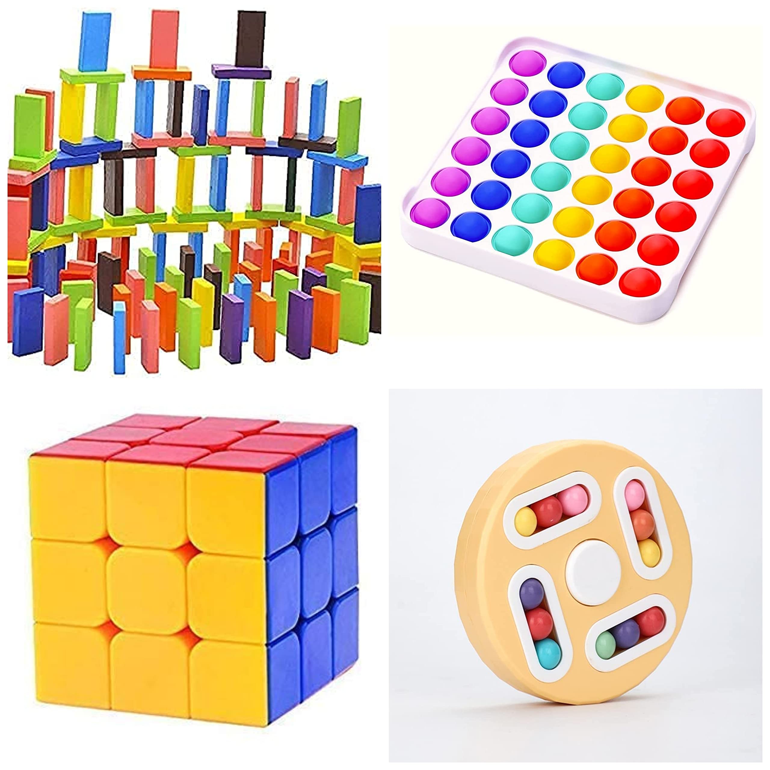 FRONTED Toys Kit 4 in 1 ( Domino Block Game, Pop It, Cube, Round Spinners ) Relieves Stress And Anxiety Fidget Toy For Children And Adults, Decompression Fingertip And Spin Bead Puzzles Children Education Game Gift for Kids.