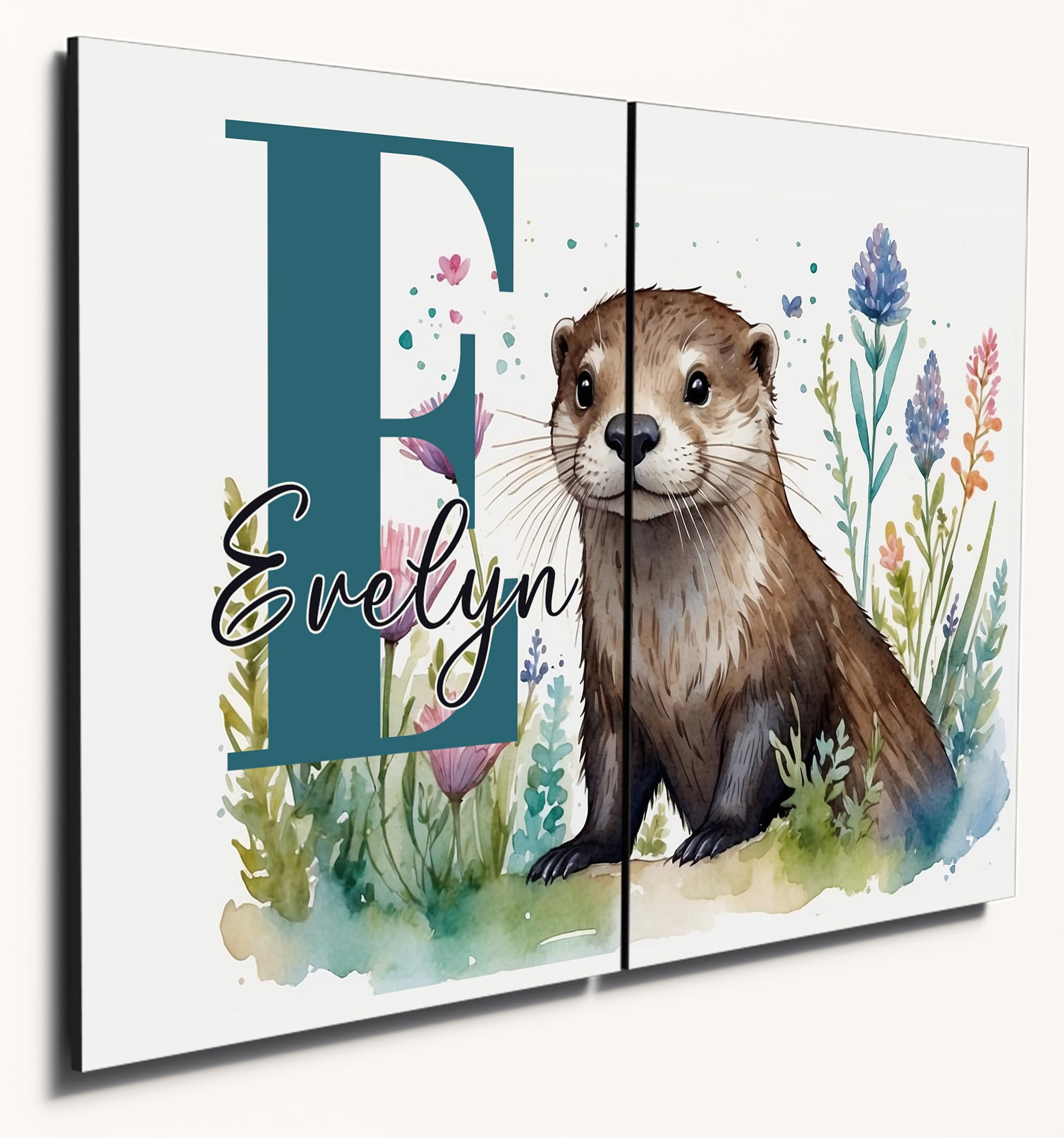 The Plum Penguin Otter Personalised Watercolour Wall Art - Twin A4 Mdf Wood Panels, Pastel Child's Bedroom Decor Canvas Alternative 40 X 30Cm