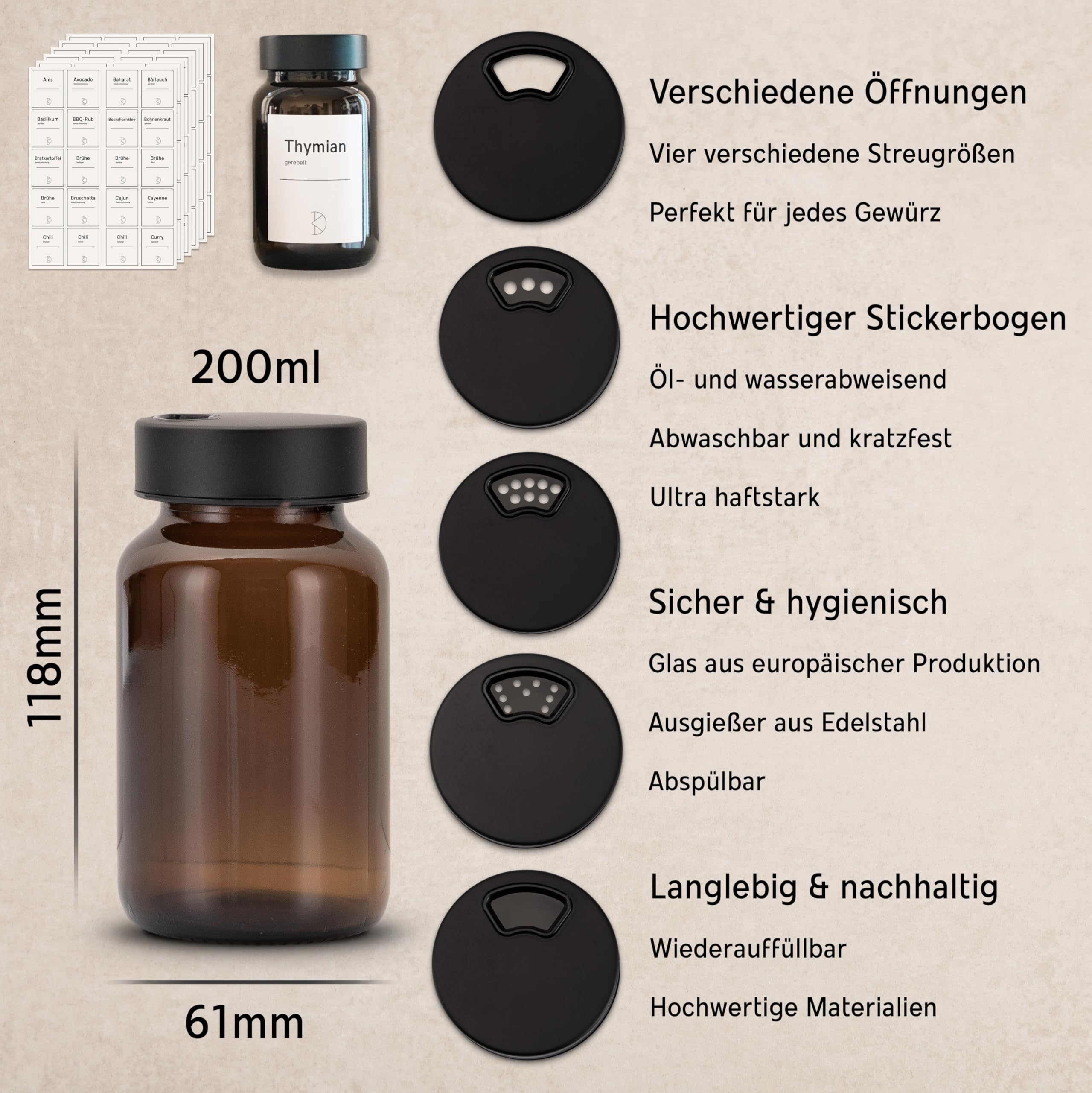 12 Stück Gewürzgläser – Premium Gewürzglas aus Braunglas | Gewürzstreuer Set | Gewürzdosen mit Deckel und UV-Schutz | Gewürzbehälter mit Edelstahl-Streudeckel, 200ml mit Gewürzetiketten