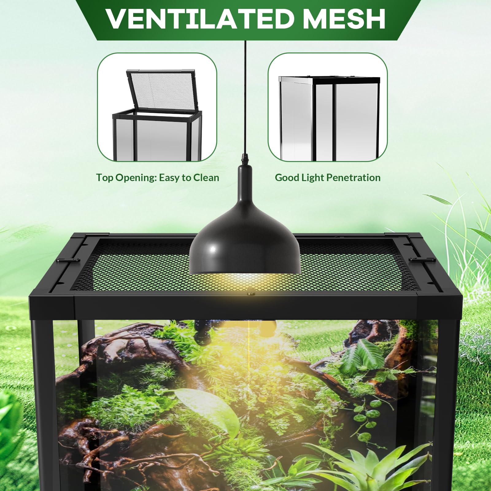 Terrario Vertical Arbóreo de Cristal Negro, con Puerta Frontal y Válvula de Drenaje, Hábitat para Camaleones, Geckos y Reptiles Tropicales, Estructura de ABS y Aluminio, 34 Galones
