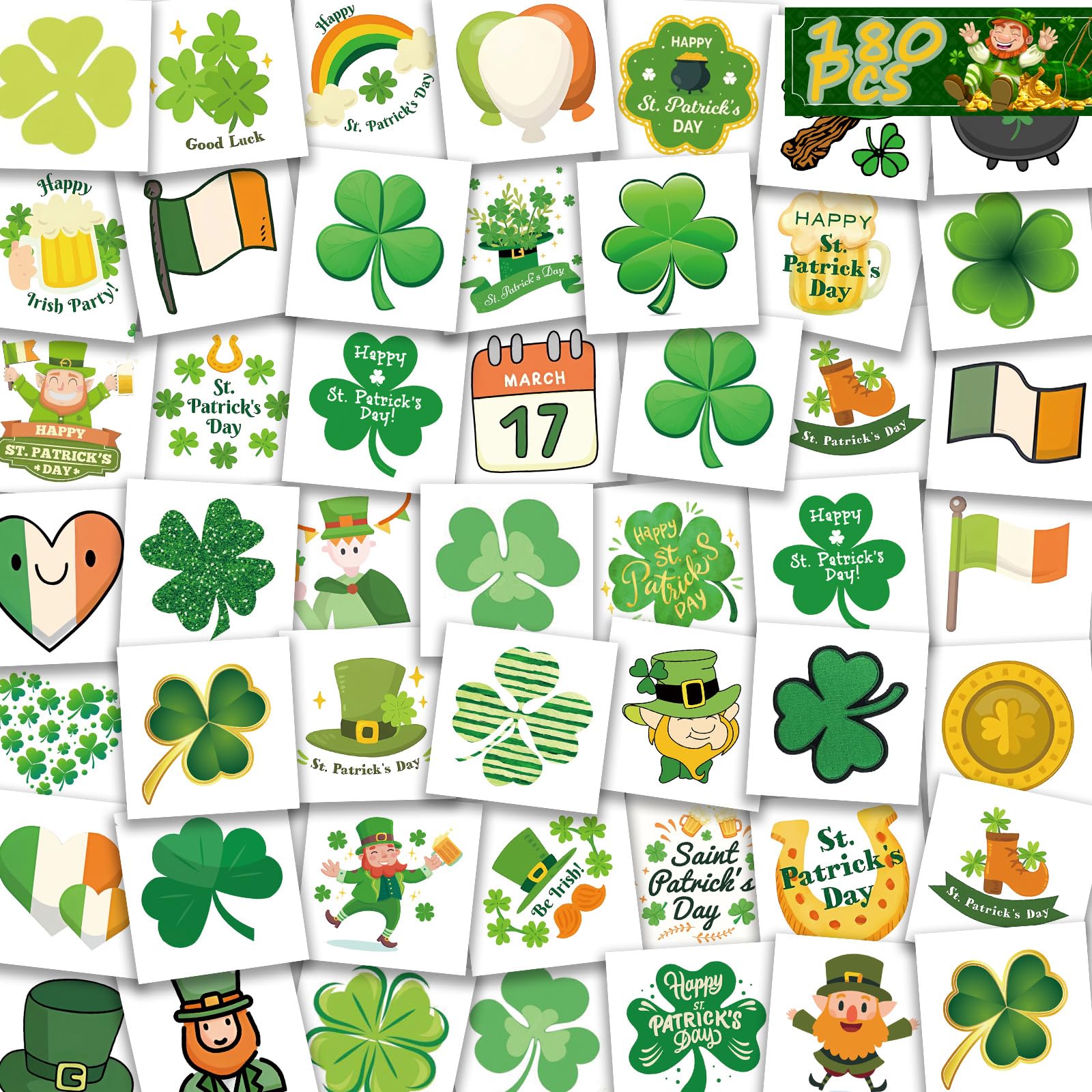 180Pcs St-Patrick's Day Temporary Shamrock-Tattoos - 60Styles Face Tattoos Lucky Irish Saint Pattys Art Makeup Party Birthday Decorations Favors