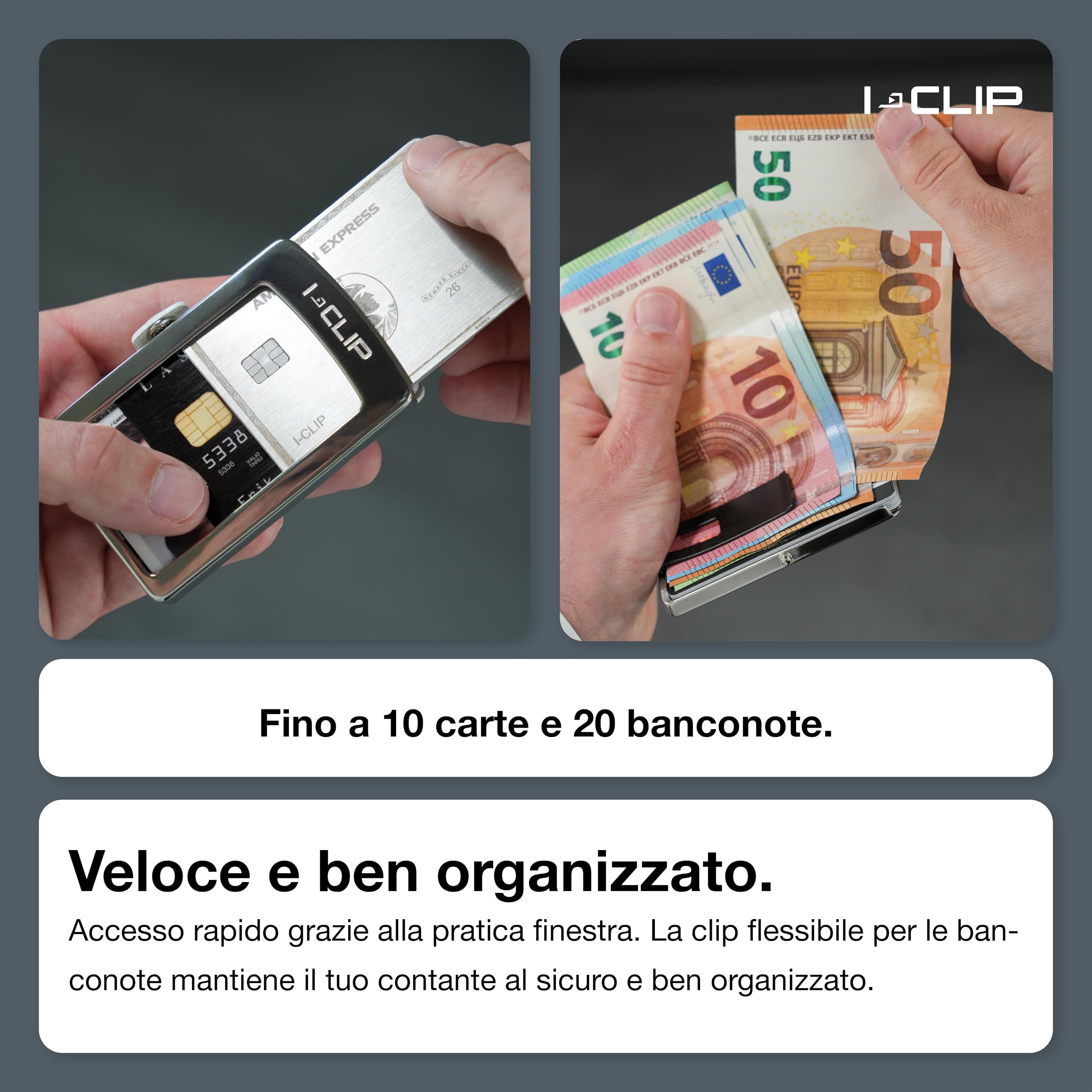 I-CLIP Steel Portafoglio Uomo Slim con Portamonete Banconote, Mini Wallet fino a 10 Carte, Pelle Nero, Telaio Acciaio Lucidato