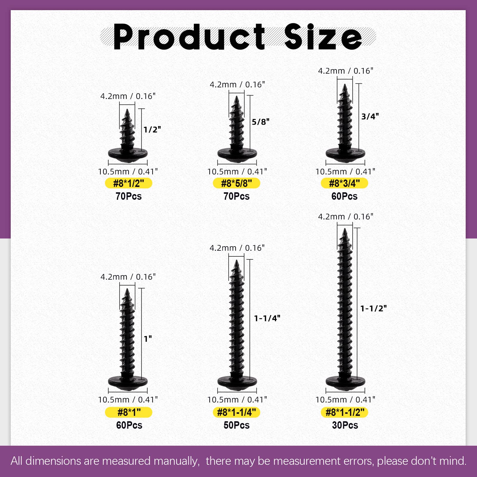 Swpeet 340Pcs 6 Sizes #8 x 1/2", 5/8", 3/4", 1", 1-1/4", 1-1/2" Phillips Modified Truss Head Wood Screws Assortment Kit - Image 2