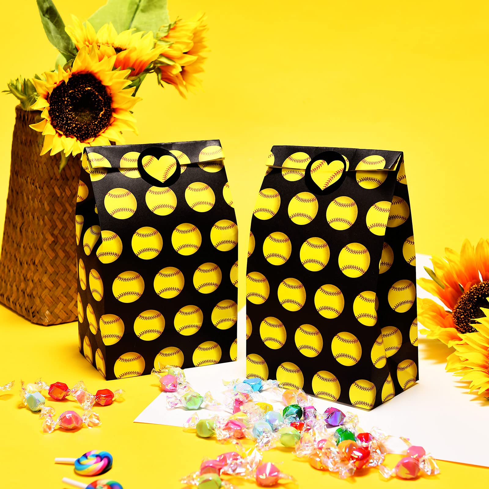 Outus 18 Pcs Softball Party Treat Bags 8.3 x 4.7 x 3.15 Inches Softball Goodie Favor Treat Bags with 18 Pcs Stickers for Sport Softball Theme Birthday Party Decorations Supplies (Stylish Style)