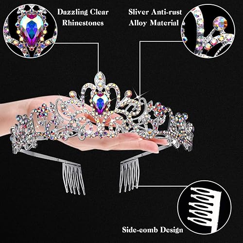 Miniatura 9 de BBTO Tiara de cristal y coronas para mujeres y niñas, corona de princesa con diamantes de imitación, diadema de reina con peines, corona de novia