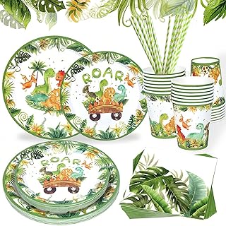 Yuanbigtai 120-Piece Dinosaur Party Supplies - 24-Serve Disposable Tableware Set with Plates, Cups, Napkins, and Cutlery f...