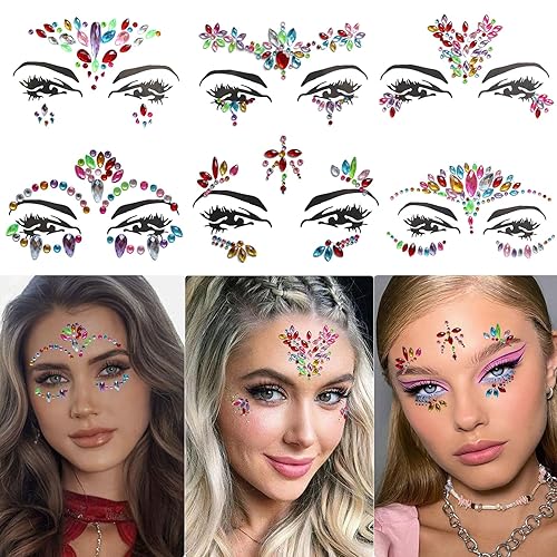Juego de 6 gemas de cara de sirena, autoadhesivas, calcomanías de gemas para festivales, ojos, cuerpo, cara, accesorios de festival de cristal para