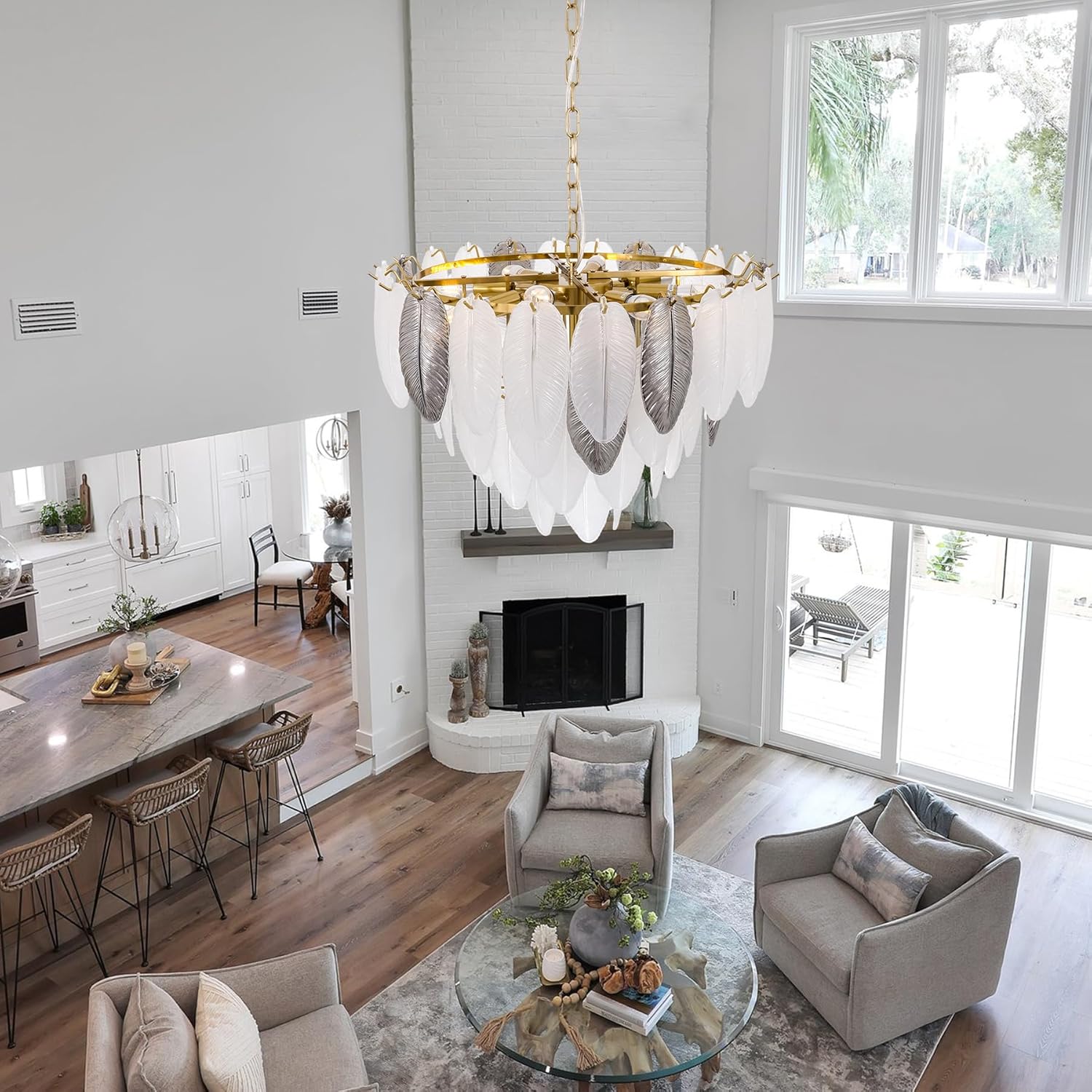 24" Modern Crystal Glass Chandelier, 8-Light Hanging Pendant Light Fixture Luxury Brass 4-Tier Feathers Lampshade Ceiling Lighting for Kitchen Island Dinning Room Farmhouse