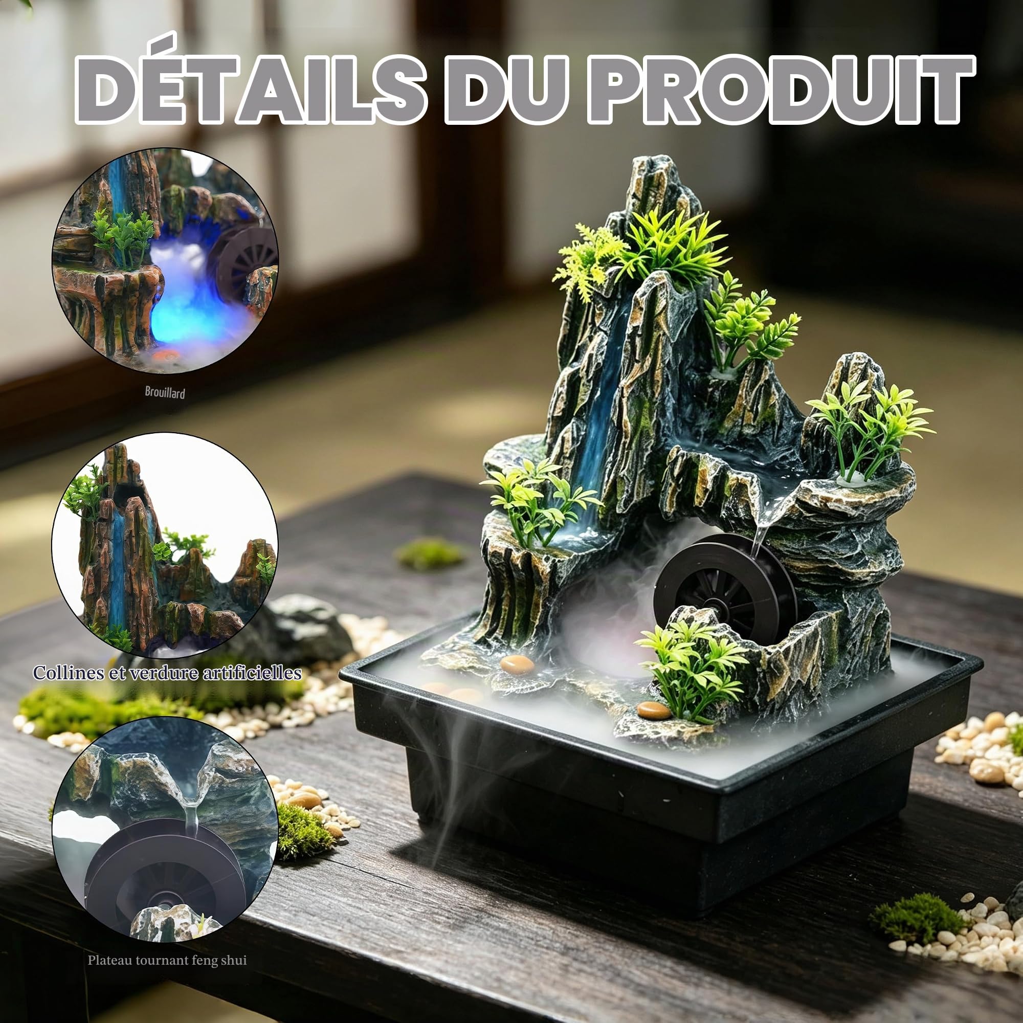 Fontaine de Table Cascade avec Brouillard & LED,Petite Fontaine d'Intérieur
