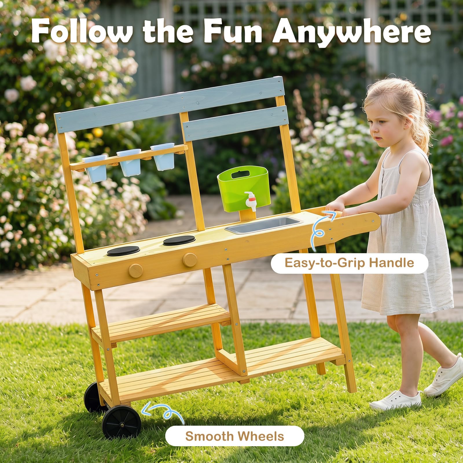 COSTWAY Matschküche Kinder Outdoor, Spielküche mit Wassertank & Wasserhahn | Kinderküche mit Rädern, Spüle, 3 Blumentöpfen, Herd & Kochzubehör, Gartenspielküche für Kinder ab 3 Jahren