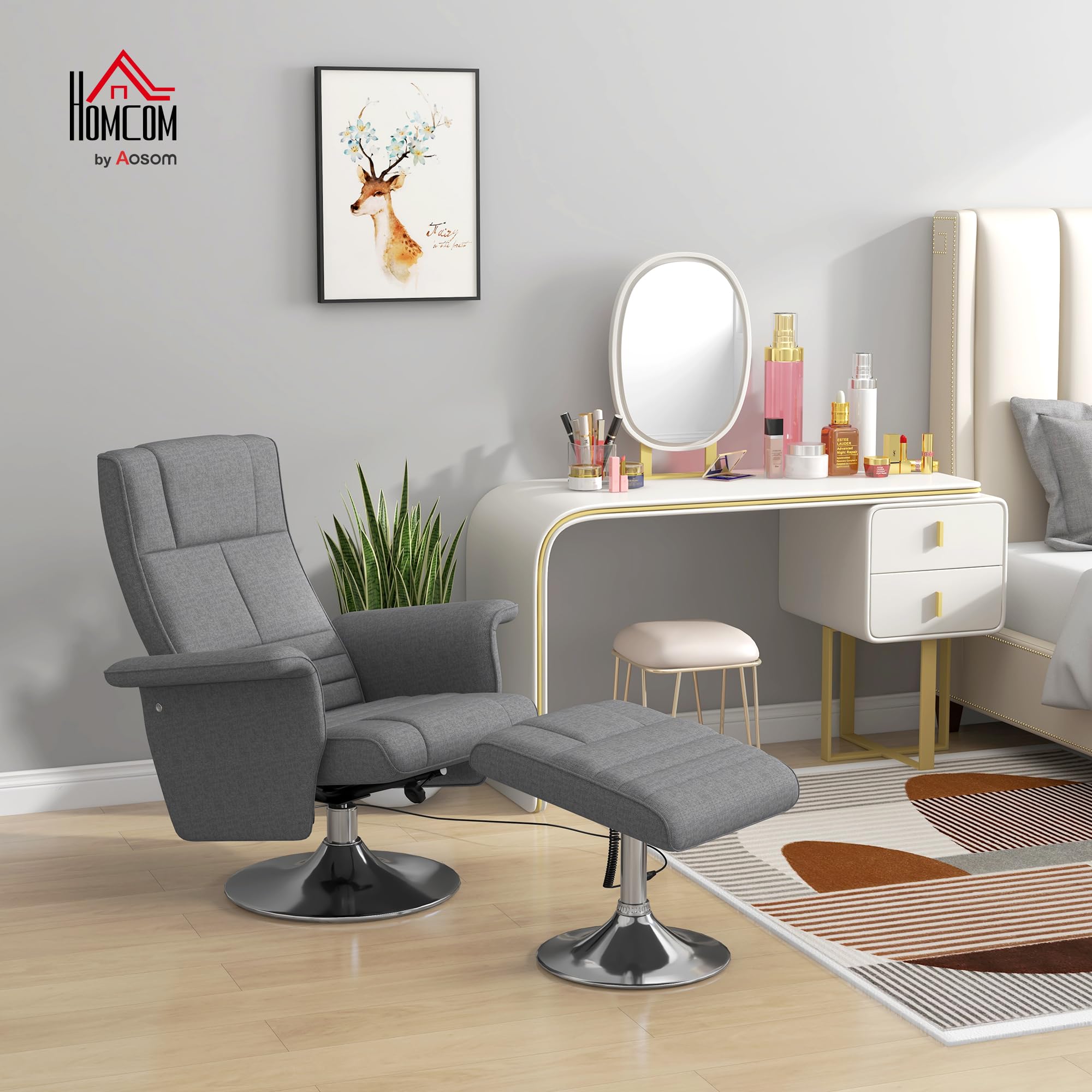 HOMCOM Poltrona Massaggiante a 8 Punti e Reclinabile con Telecomando e Poggiapiedi, Poltrona Relax in Acciaio e Tessuto Effetto Lino, 78x90x93 cm, Grigio Scuro