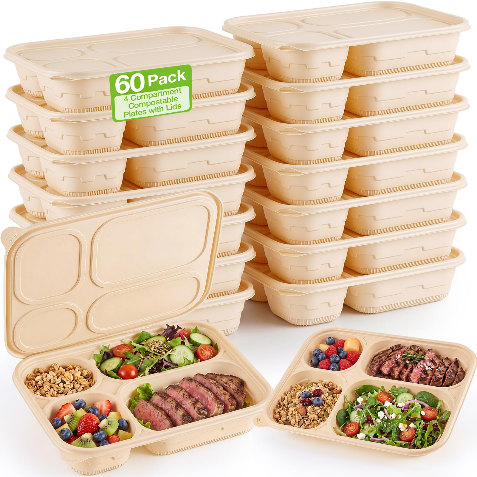 Havawish 60 Pack(120 Pcs) 3 Compartments Compostable Plates Bulk with Lids