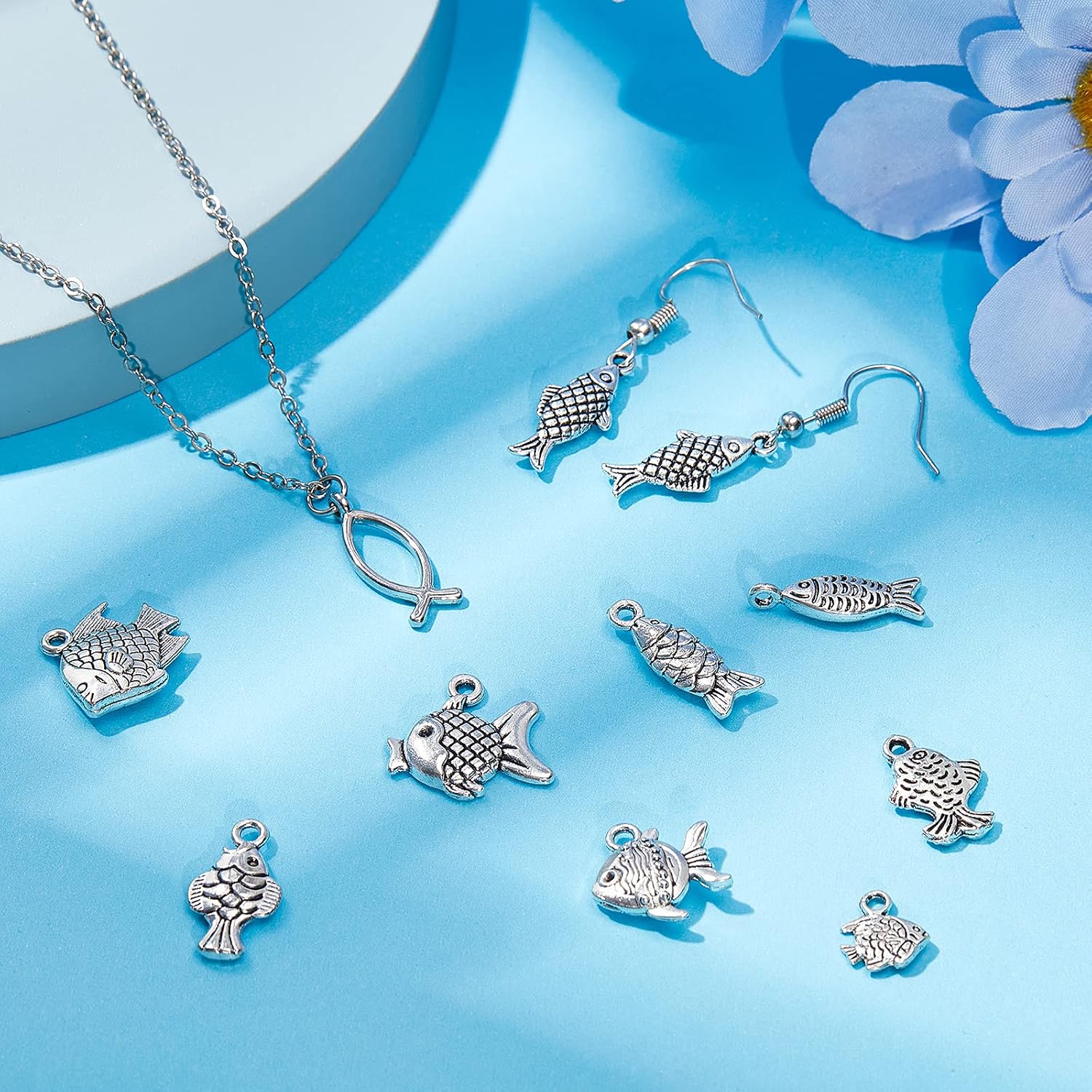60 Pieces Fish Charms for Jewelry Making - Antiqued Silver Alloy Pendants in 12 Styles - Assorted Charms for DIY Craft Summer Bracelet Necklace Earring