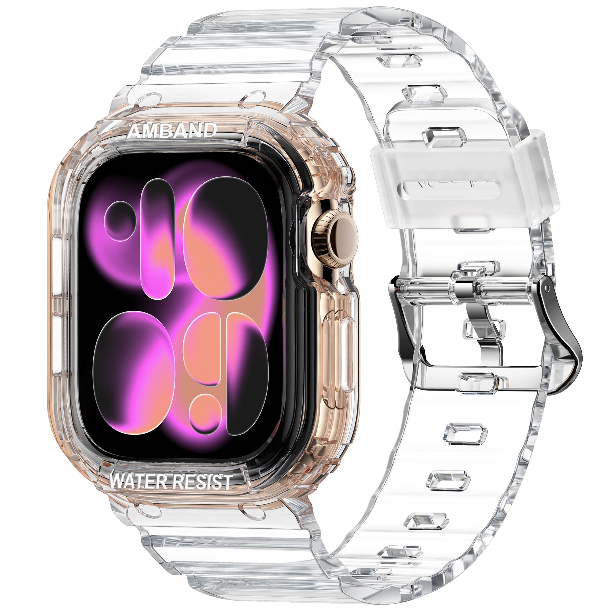amBand Rugged Clear Band with Case Compatible with Apple Watch Series 10 11 42mm, Shockproof &amp; Protective Sport Bumper Cover for Men &amp; Women, Lightweight Strap with Soft Comfortable Fit, Transparent