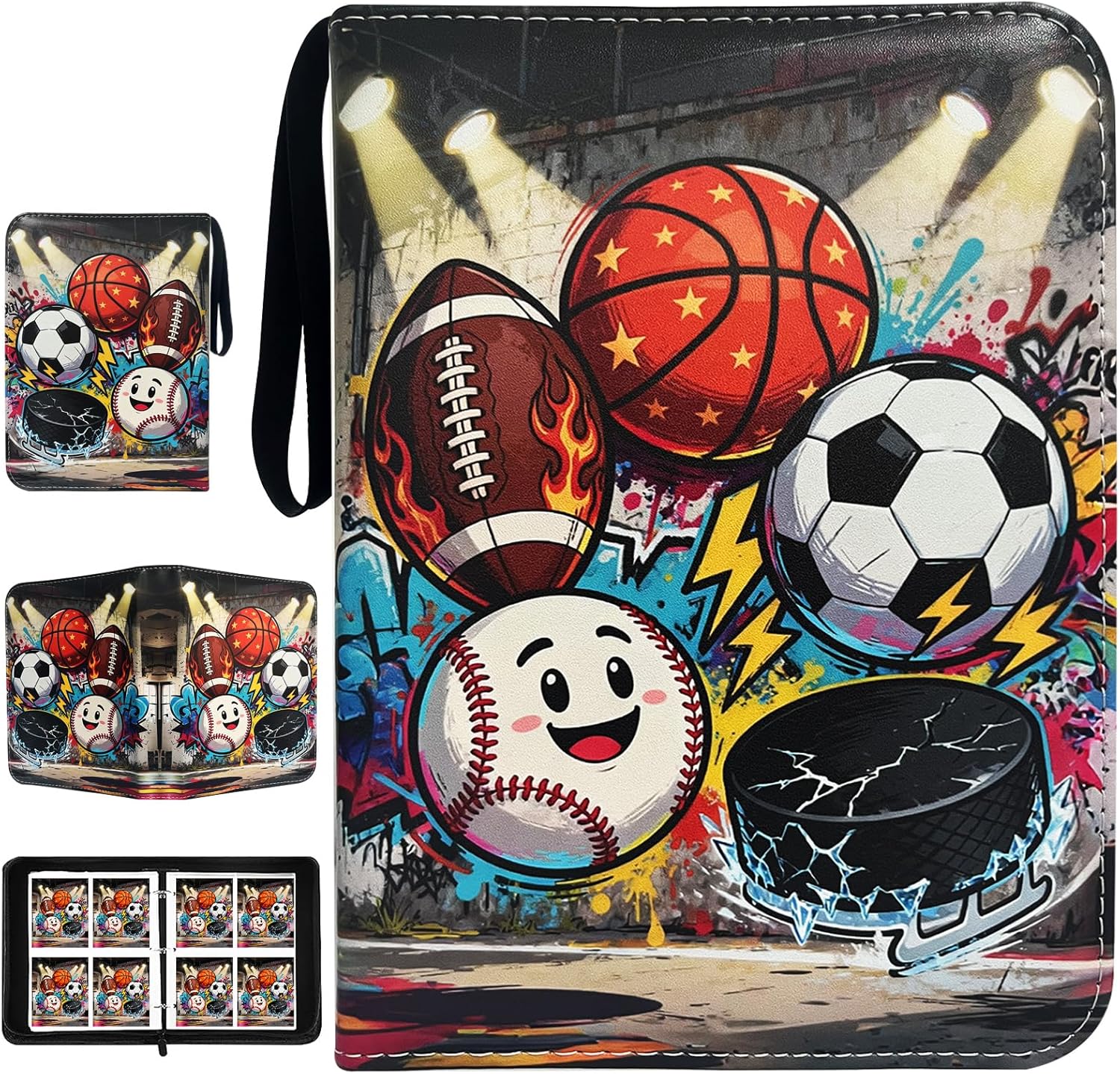 Sports Card Binder, 4-Pocket Cards Holder,Trading Card Binder Fits 400 Cards With 50 Removable Double Sided Sleeves, Cards Album Case for Sports Game Trading Cards Display Storage Collection
