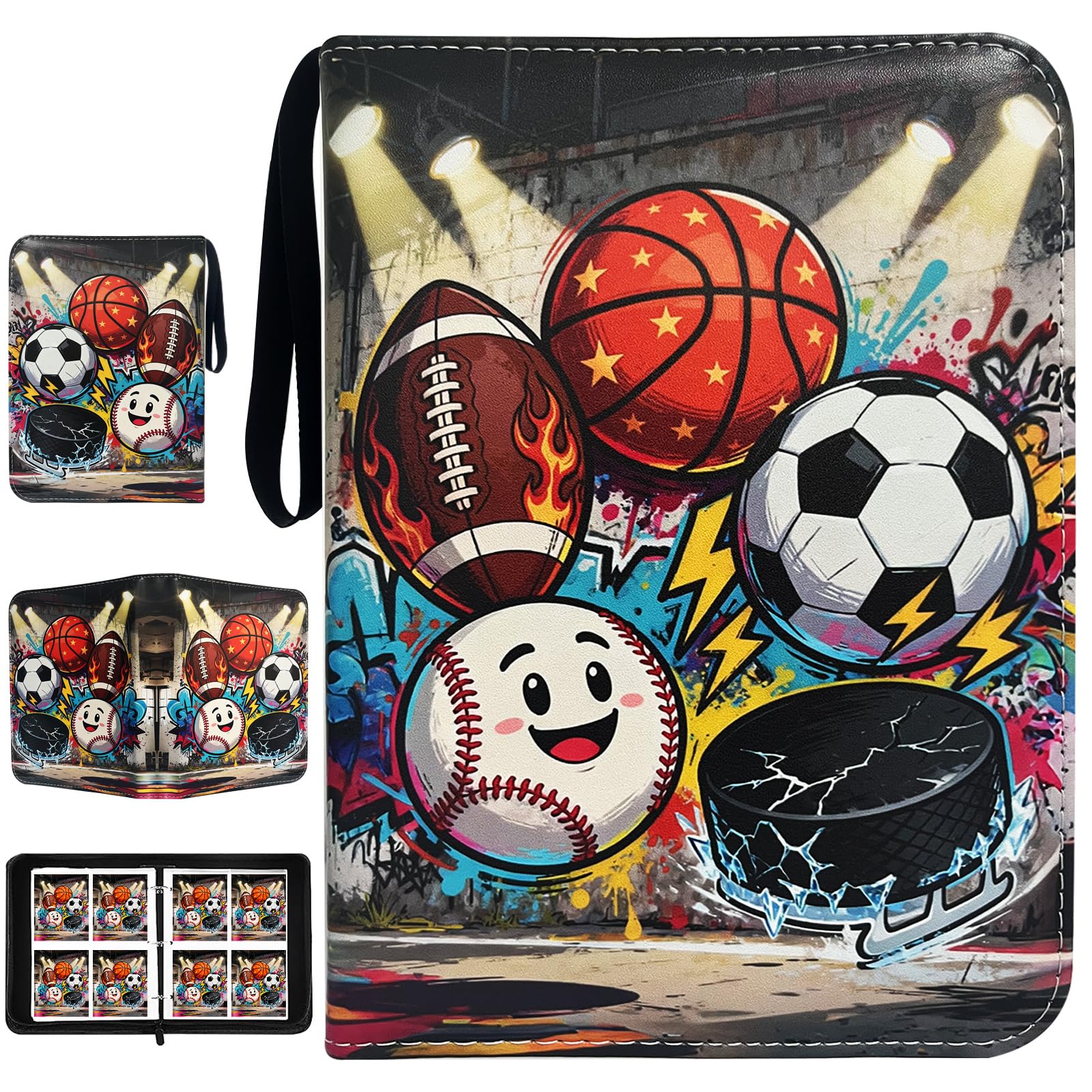 Raccoglitore per carte sportive, porta carte con 4 tasche, raccoglitore per 400 carte con 50 maniche rimovibili su entrambi i lati, custodia per album per giochi sportivi, carte collezionabili