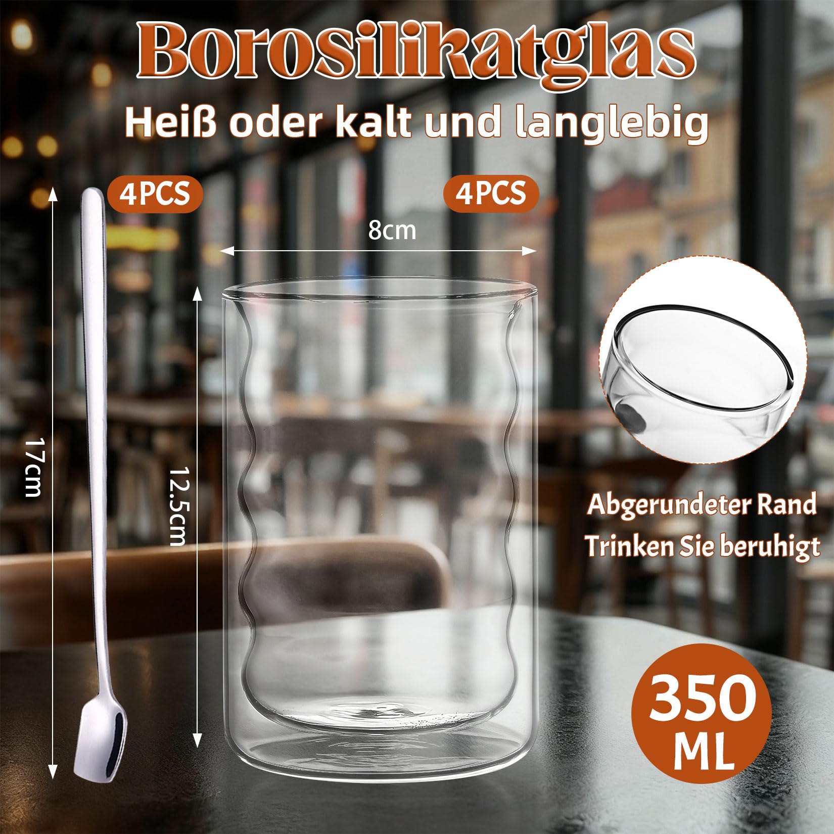 Zestaw 4 szklanek do latte macchiato z podwójnymi ściankami 350 ml, spiralne szklanki ze szkła borokrzemowego, szklanki termiczne, podwójne ścianki z 4 łyżeczkami, przezroczyste szklanki do