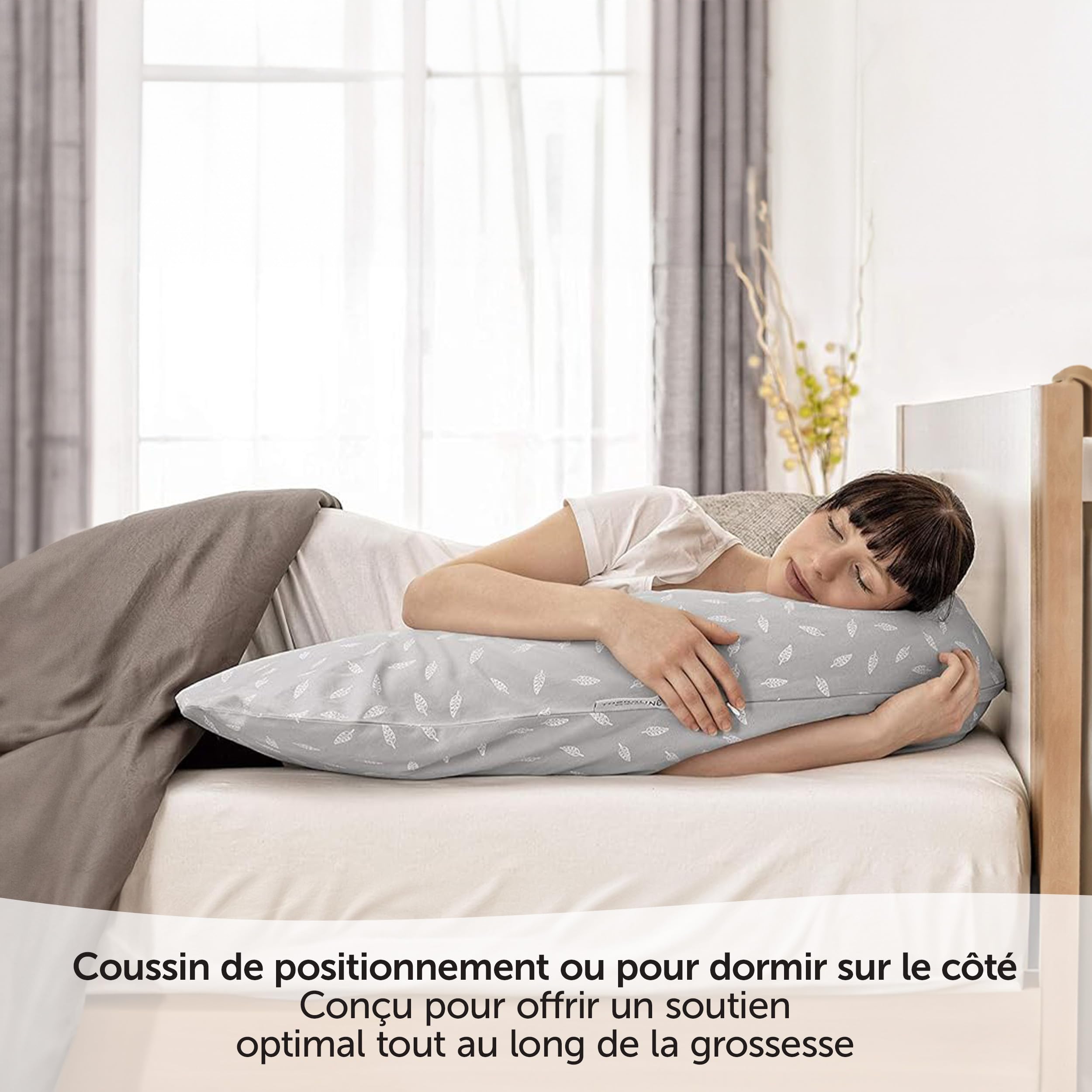 Theraline Coussin d'allaitement et Grossesse 190 cm – Microbilles silencieuses, Housse Amovible 100% Coton sans substances nocives – Leaves, Gris