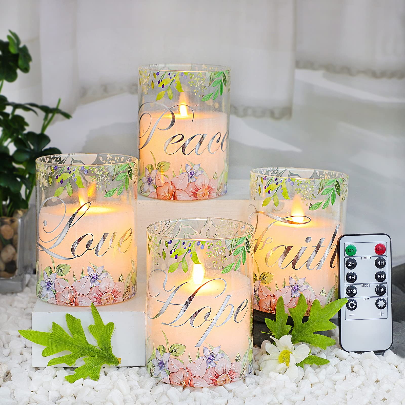 MELTONE Velas Sin Llama Con Control Remoto, Velas LED De Rosa Con Temática De Amor, Calcomanías De Flores, Velas De Vidrio Para El Hogar, Boda, Recámara, Navidad, Primavera, Habitación, Juego De 3