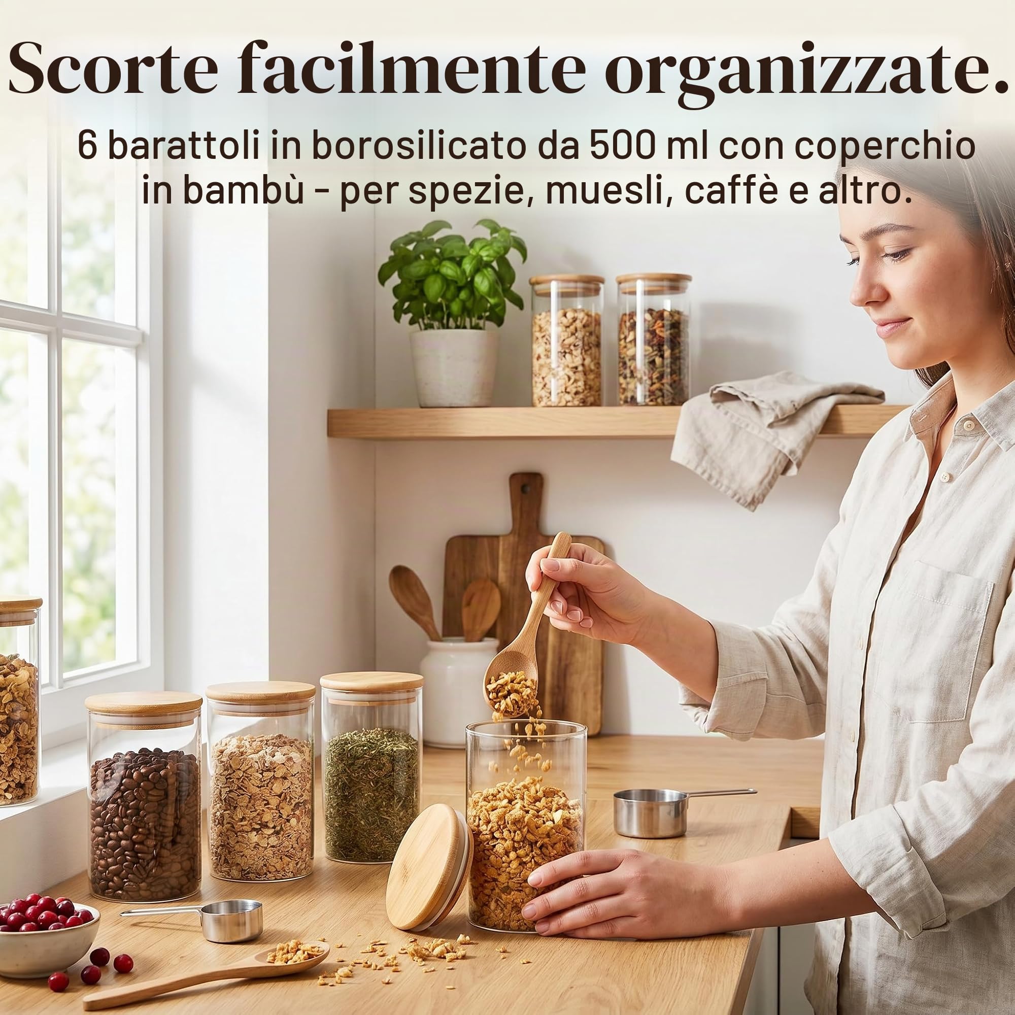 gouveo Set da 6 barattoli dispensa classici (0,50 l) con coperchio a pressione in bambù, vetro borosilicato rotondo cilindrico per alimenti secchi e organizzazione cucina (BGR500B)