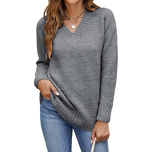 Bluetime Women Casual Long Sleeve Sweaters Soft Loose Fit Cable Knit Pullover V Neck Oversized Tunic Sweater Tops