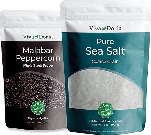 Viva Doria Malabar Pimienta negra, pimienta negra entera, pimienta negra, 12 onzas y sal marina pura, grano grueso, 2 libras, para recambios de