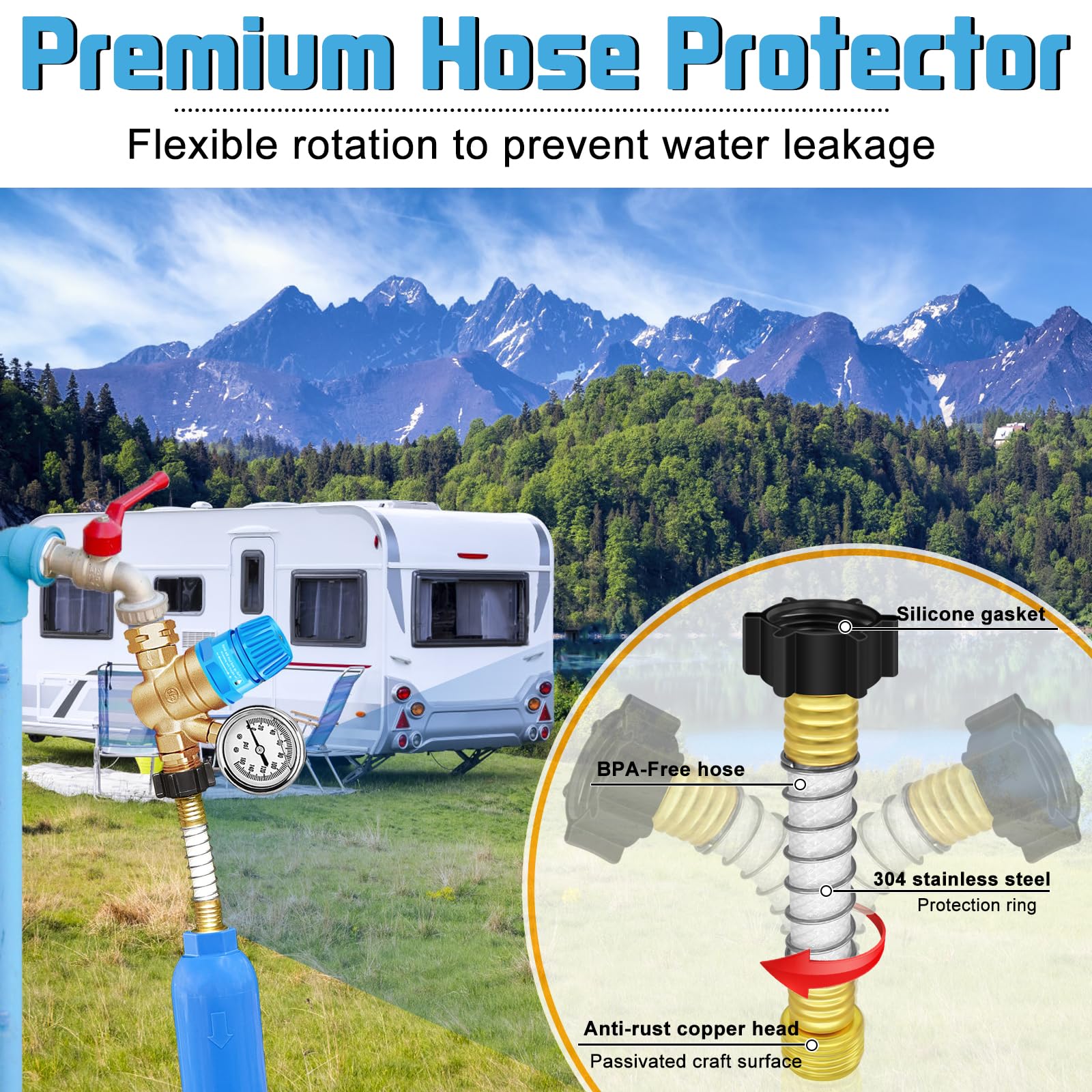 Boltigen Kit regulador de presión de agua para RV, kit de manguera de agua dulce RV con filtro de agua en línea, codo de latón, divisor de manguera, conexiones rápidas de manguera, conector flexible