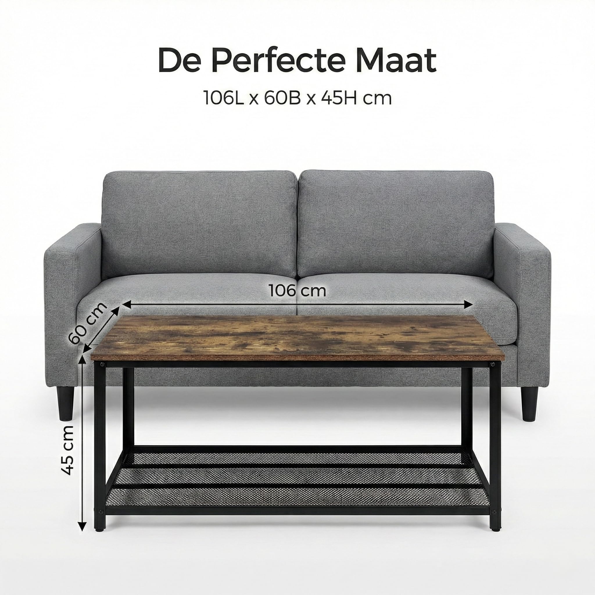 Mesa de centro industrial - Aspecto de madera vintage y acero - 2 capas - Con Estante de malla - Mesa Industrial - Sólida, Elegante & Fácil de Montar