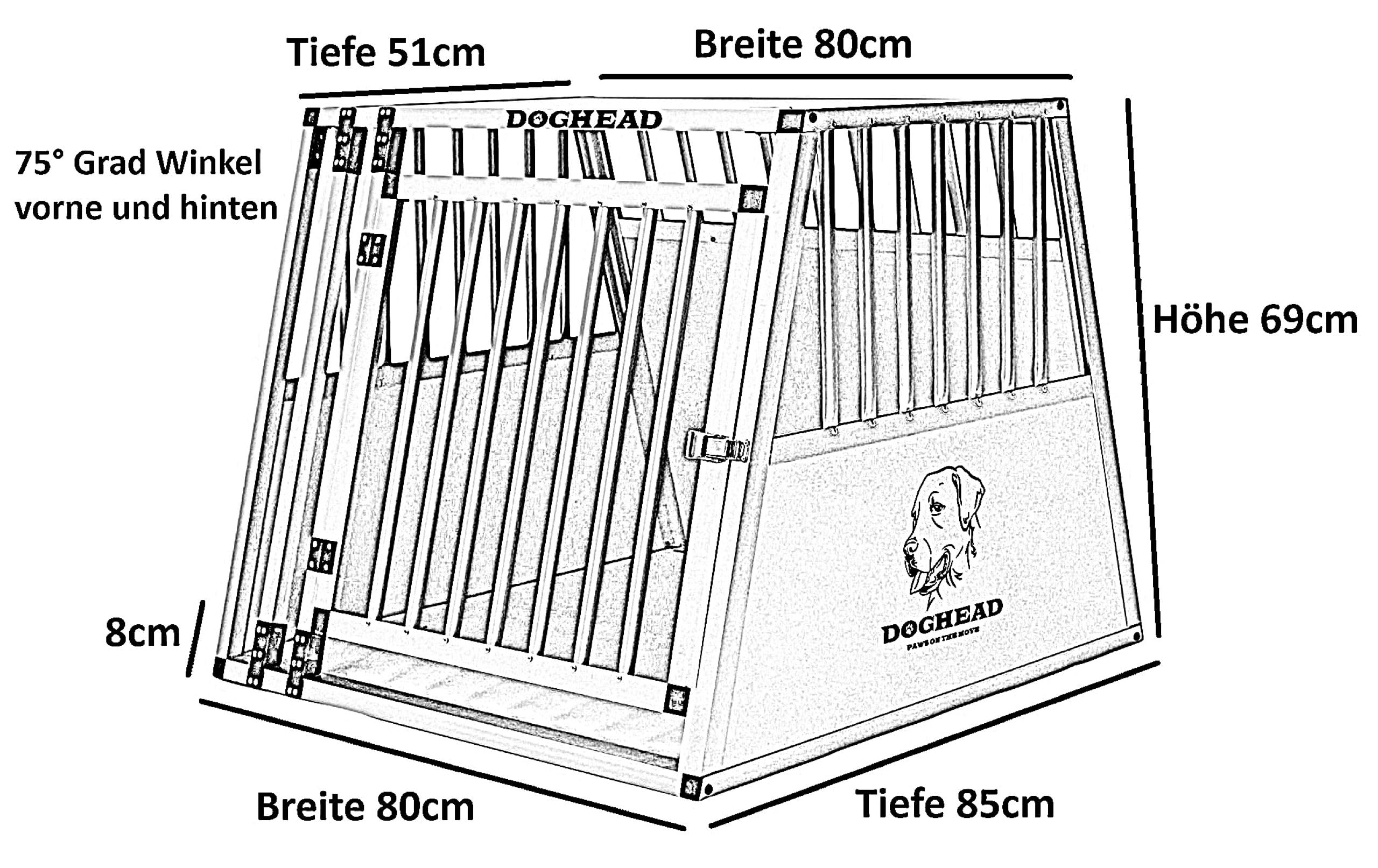 DOGHEAD Hundetransportbox Comfort, Single 80x85x69 cm, Grau/Silber, Aluminium, Beidseitig Abgeschrägt 75°, für Kombis Nicht geeignet