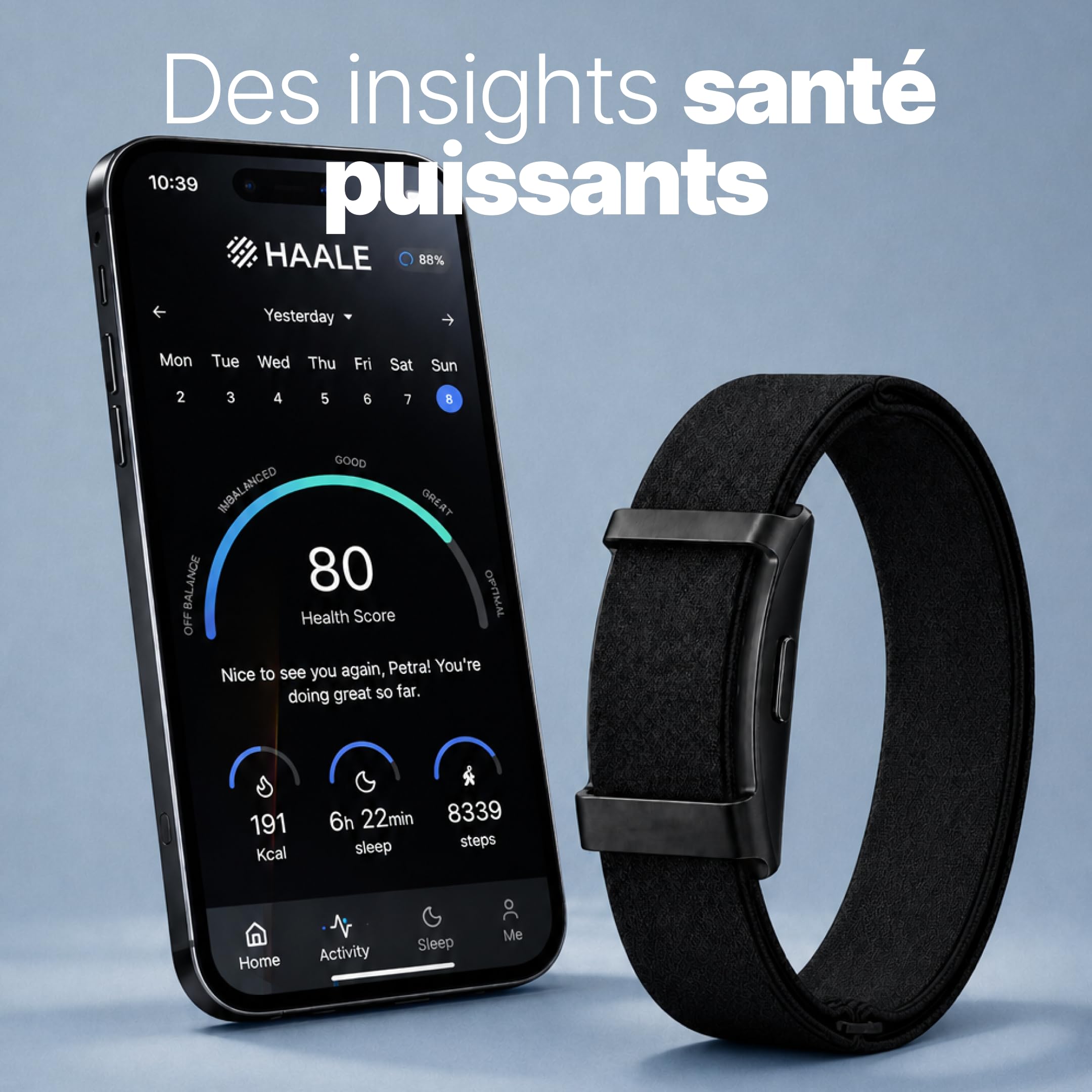 HAALE Smart Band Bracelet Connecté Santé & Fitness, Suivi du Sommeil, Fréquence Cardiaque & HRV, Oxygène Sanguin, Température Cutanée, Stress & Récupération, Étanche, Compatible iOS & Android