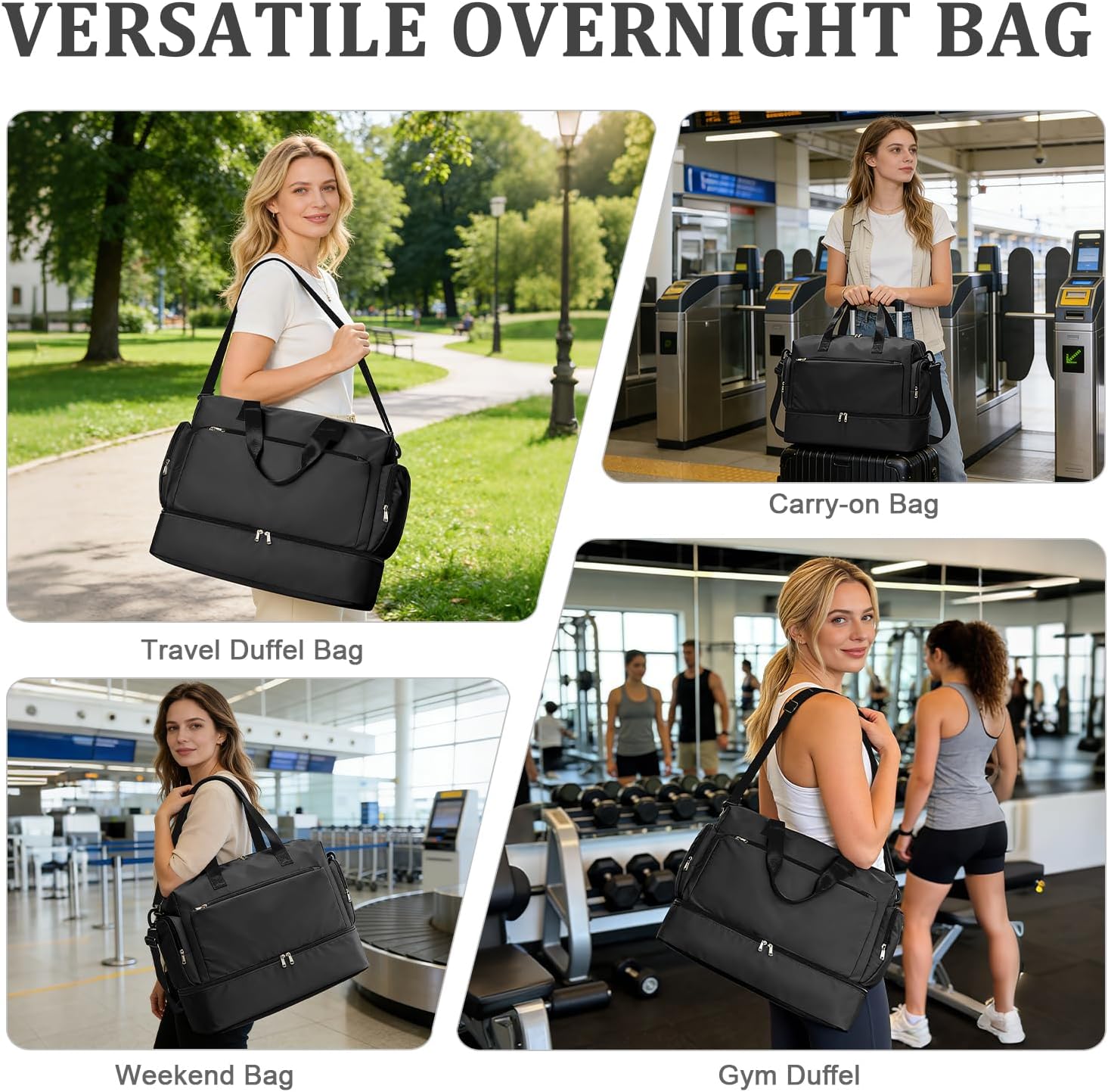 Weekender Bags for Women Men,Carry-on Overnight Travel Duffel Bag, Personal Item Travel Bag with Shoes Compartment & Wet Pocket