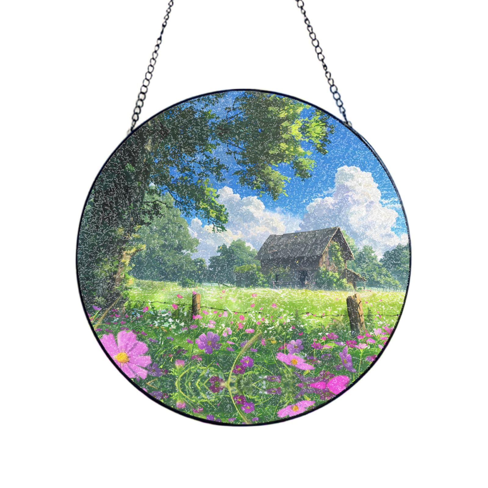 Poezjzw Stained Glass Window Hanging - Chalet In The Grassland Sun Catcher For Door Garden Home Decor Christmas Mother'S Day Birthday Gifts 12in（30cm）