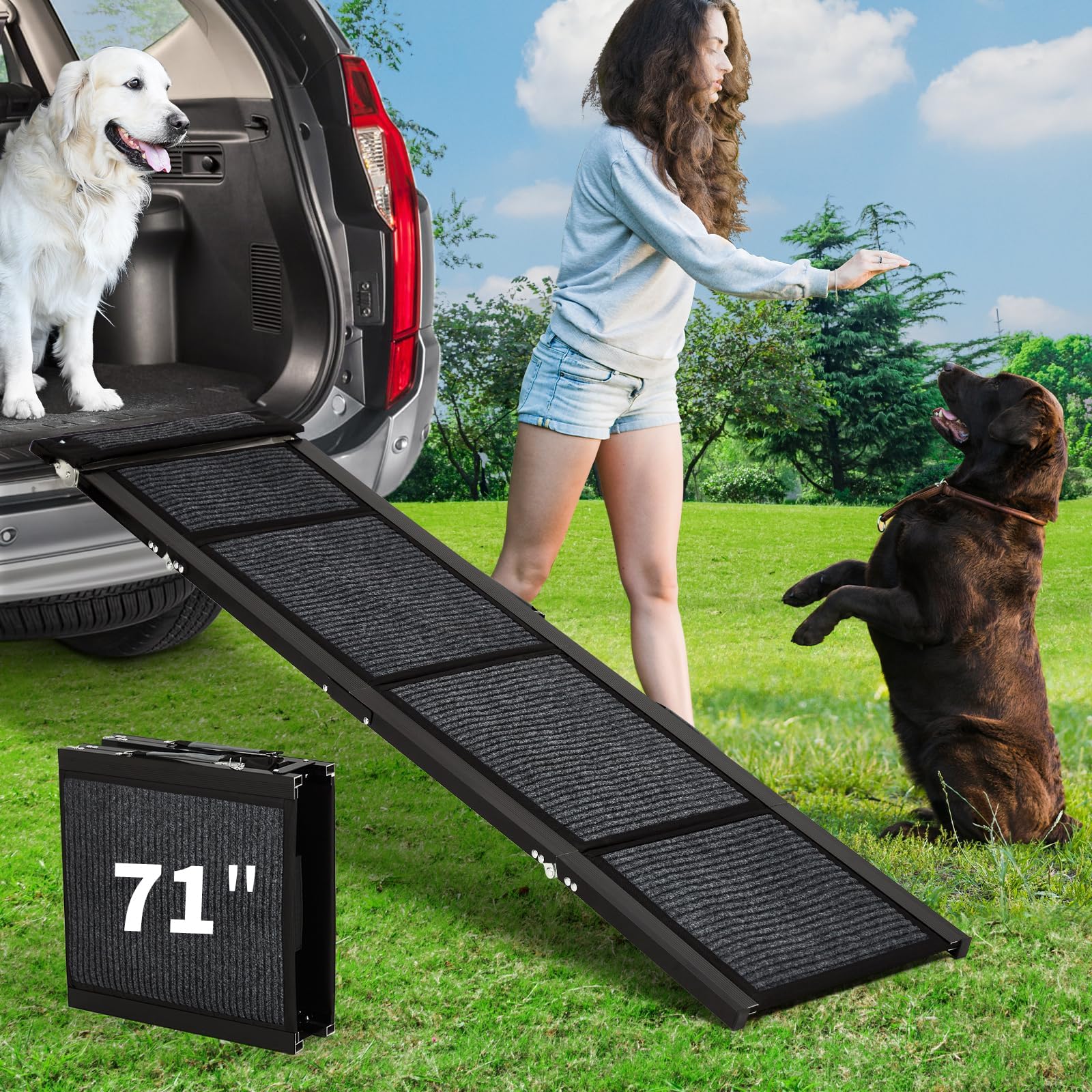 Mobeneno Black Dog Ramp For Car, 180Cm Folding Pet Ramp With Non-Slip Surface, Portable Dog Pet Stairs, Folding Anti-Slip Dog Ramp For Large Dogs Up To 113Kg, Get Into Car, Suv & Truck