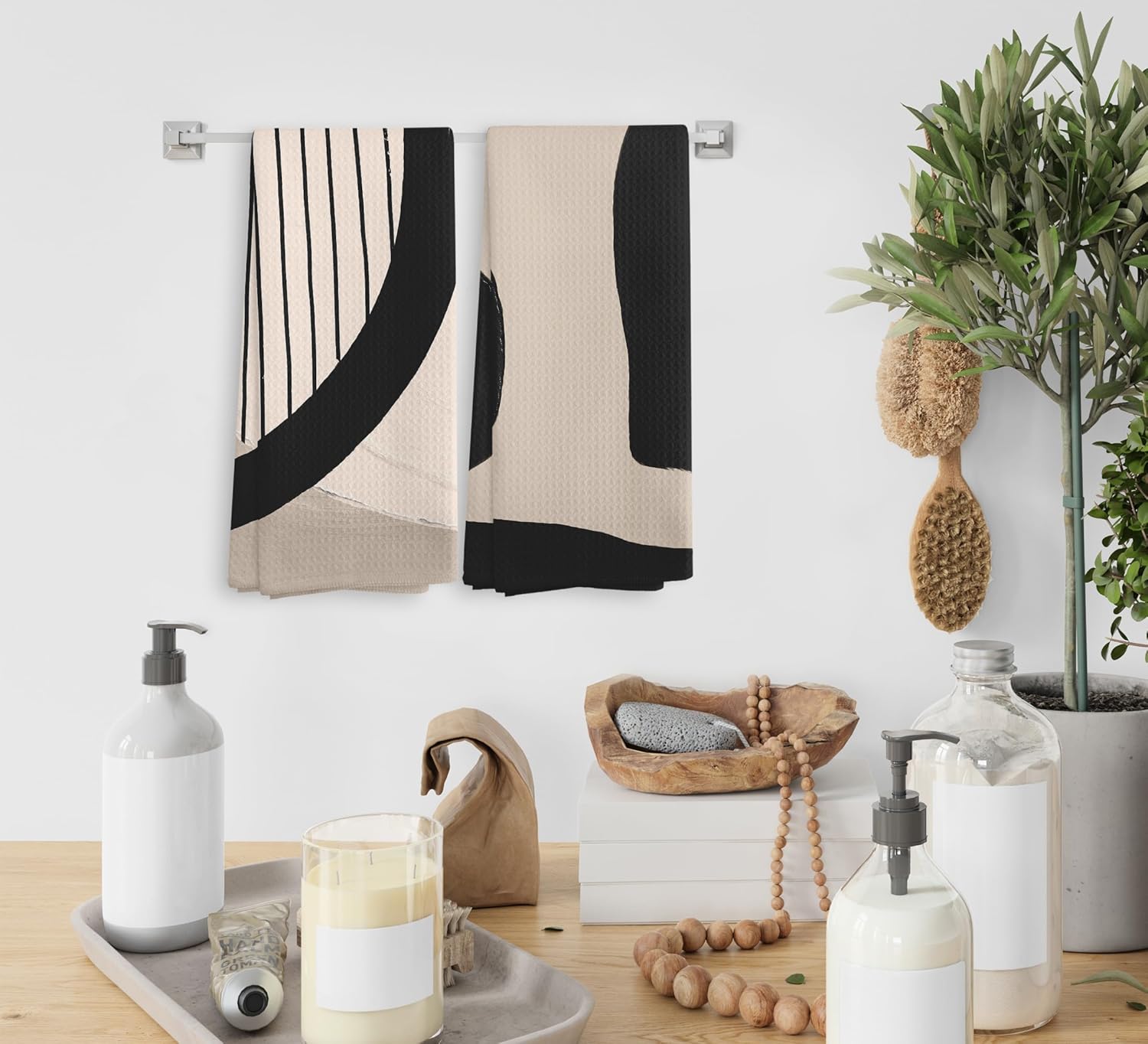 Beige Black Abstract Art Kitchen Towels and Dishcloths Set of 2, Bohemian Bathroom Kitchen Decor, Bohemian Art Drying Cloth Hand Tea Towels for Modern Bathroom Kitchen Decor, 16×24 Inches - Image 4