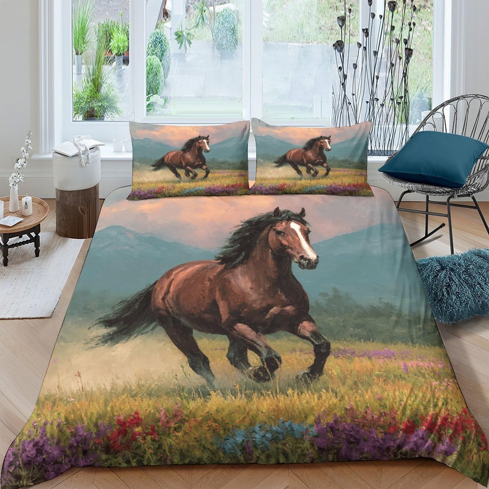 Ctjqhvkz Style-9 3D Printed Wild Horse Fitted Sheet Microfiber Soft Nature Meadow Bed Cover For Bedroom Guest Room Decor Protection Single（135X200cm）