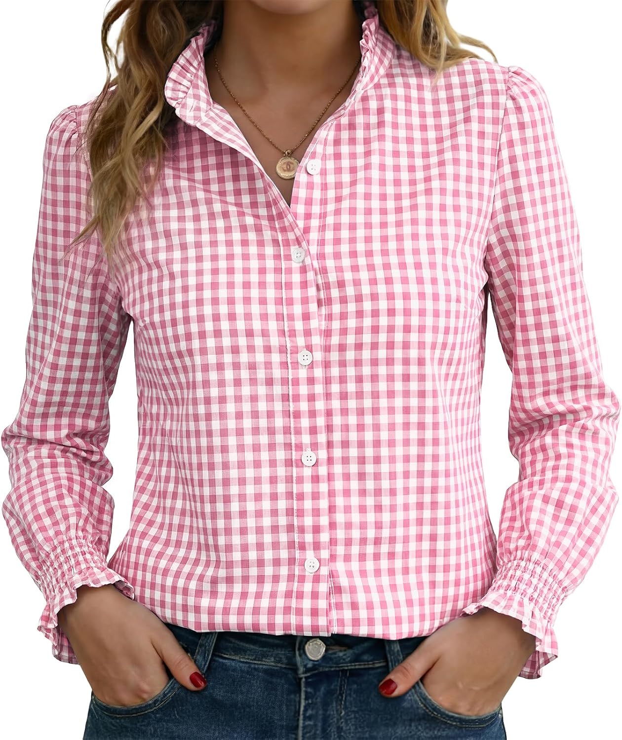 Funlingo Women's Striped Button Down Shirts Long Sleeve Smocked Cuffed Ruffle Collar Blouses Spring Work Business Casual Tops