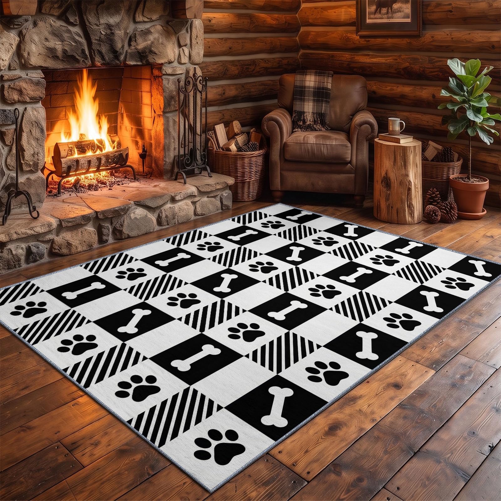 Blanc Tapis Salon 80 x 150 cm, Minimaliste Moderne Lavable en Machine Tapis | Chambre Antidérapant, Damier Empreinte De Patte Os Tapise Bureau Salle a Manger, Doux Poil Ras Rug, Cuisine