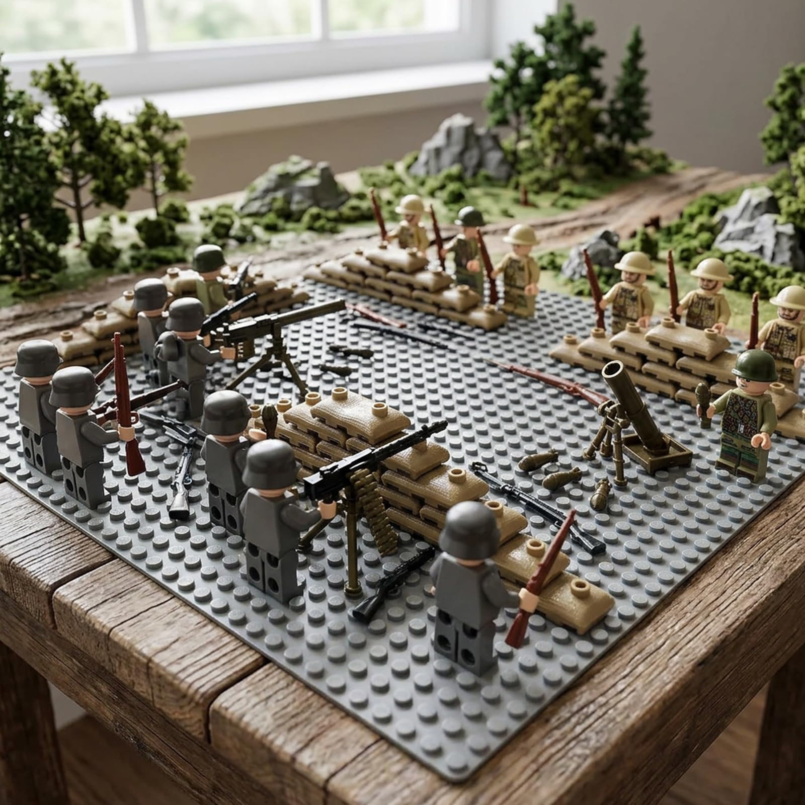 1 zestaw figures, żołnierzy, 30 figures, mini figures, zestaw zawiera moździerz x 2 karabin maszynowy, 1 płyta podstawowa, 1 worek na piasek, idealny dla miłośników historii